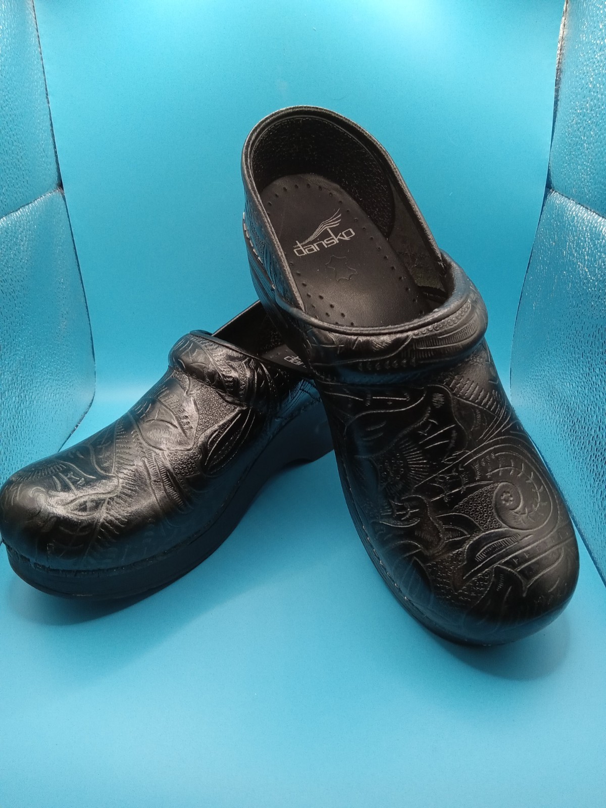 Dansko Clogs Womens 37 EU 6.5 US Antique Tooled Leather Black Paisley Shoes