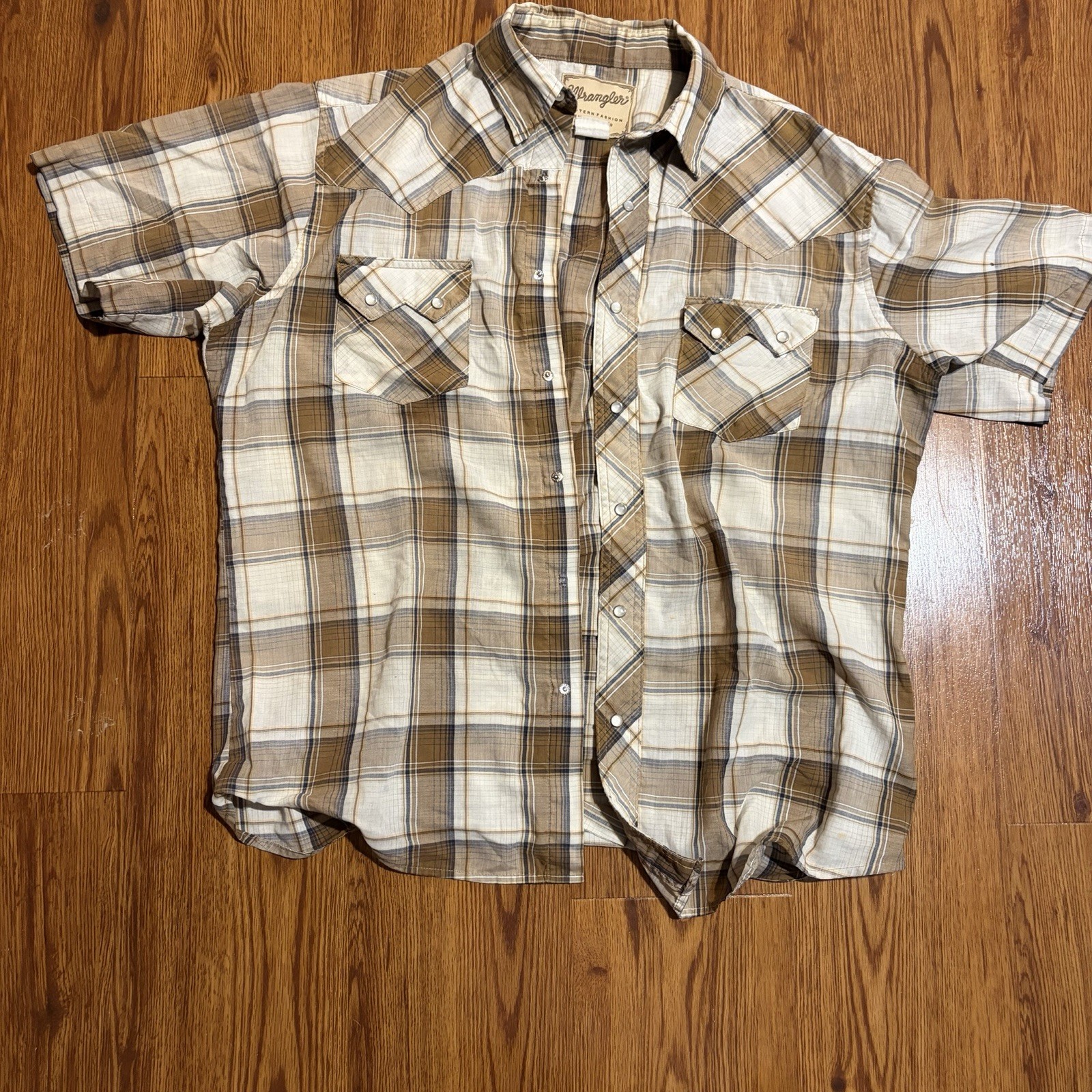 Light Brown Plaid Cotton Shirt Short Sleeves Snaps Men 44 See Picture Vintage