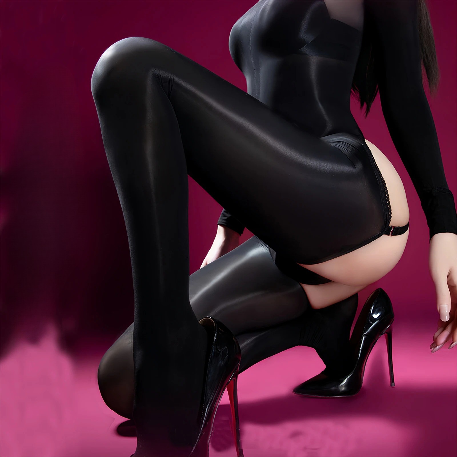 Black Full Body Stocking Thin 8D Oil Shine Sheer Bodysuit High-Density Jumpsuits