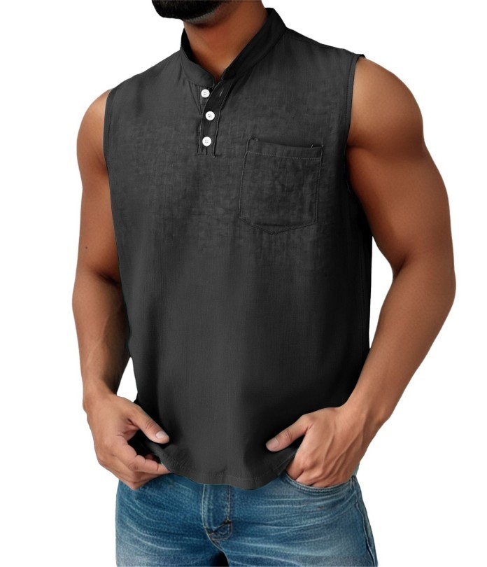 Men’s Sleeveless Henley T-Shirt Casual Cotton Blend Tank Top Summer Gym Vest
