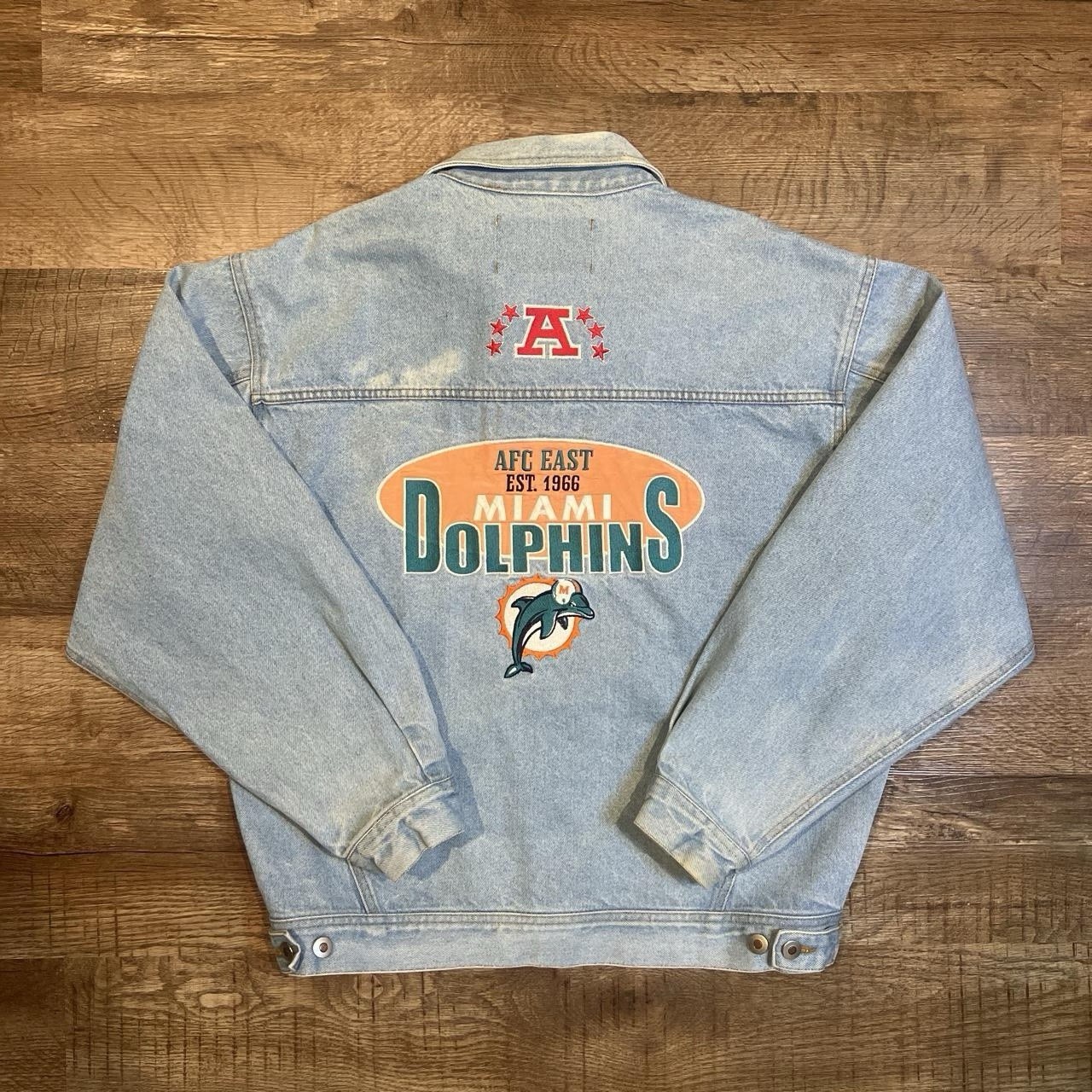 Vintage 90s Pro Elite Miami Dolphins Light Blue Denim Trucker Jacket Size L