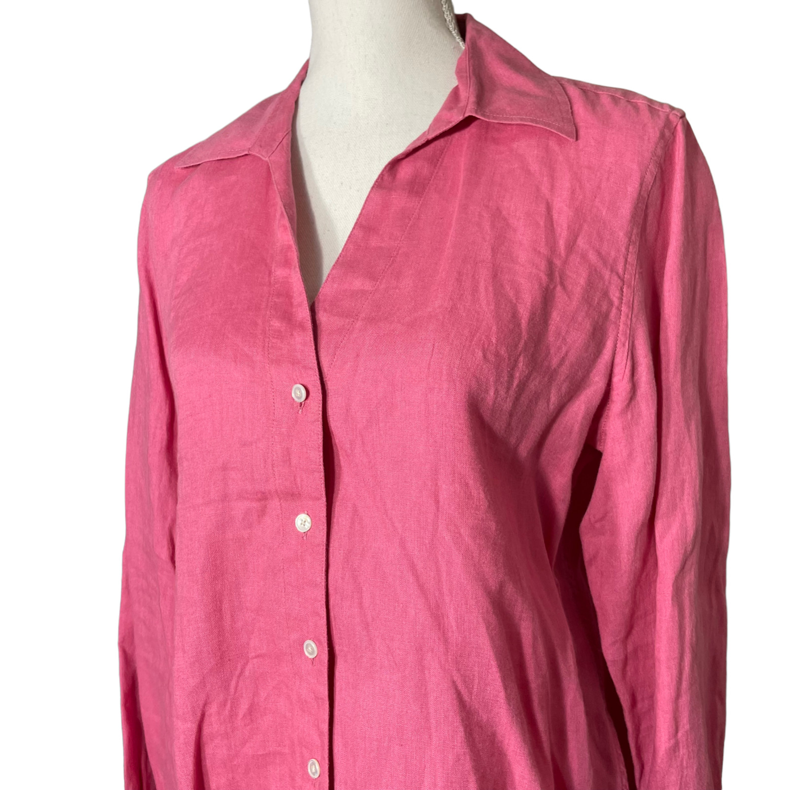 100% Linen Blouse 14 Irish Hot Pink Talbots Button-up Shirt Long Sleeve Barbie