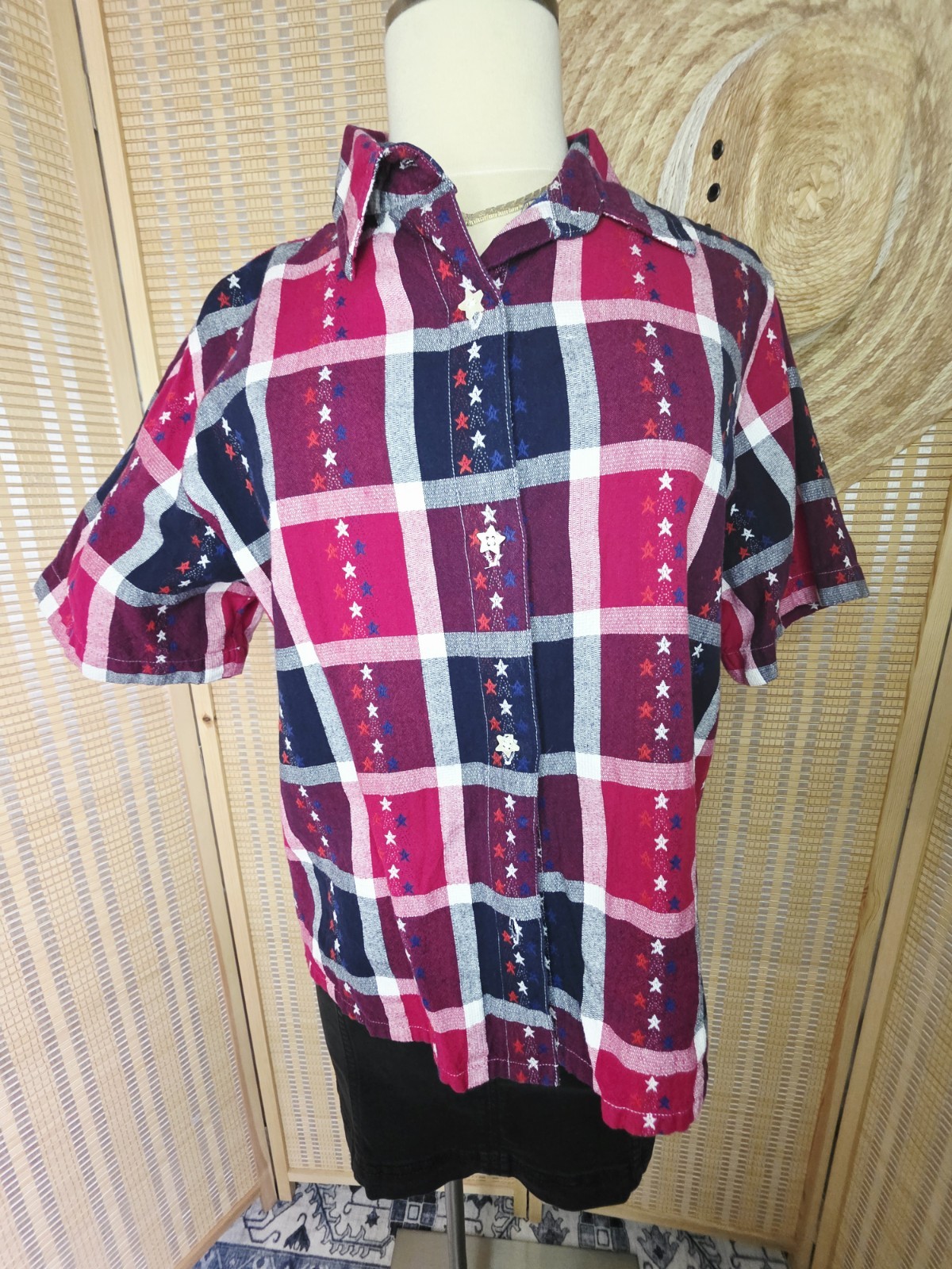 100% Cotton Red White & Navy Blue Plaid Shirt w/ Embroidered Stars, Star Buttons