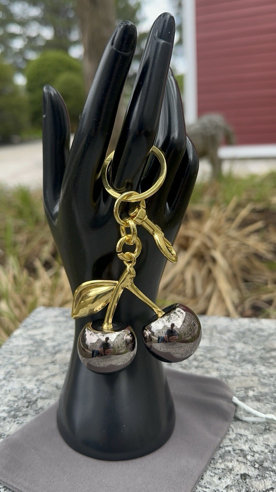 Mirrored Gunmetal Gray Cherry Bag Charm | GOLD Keychain+Premium Velvet Dust Bag
