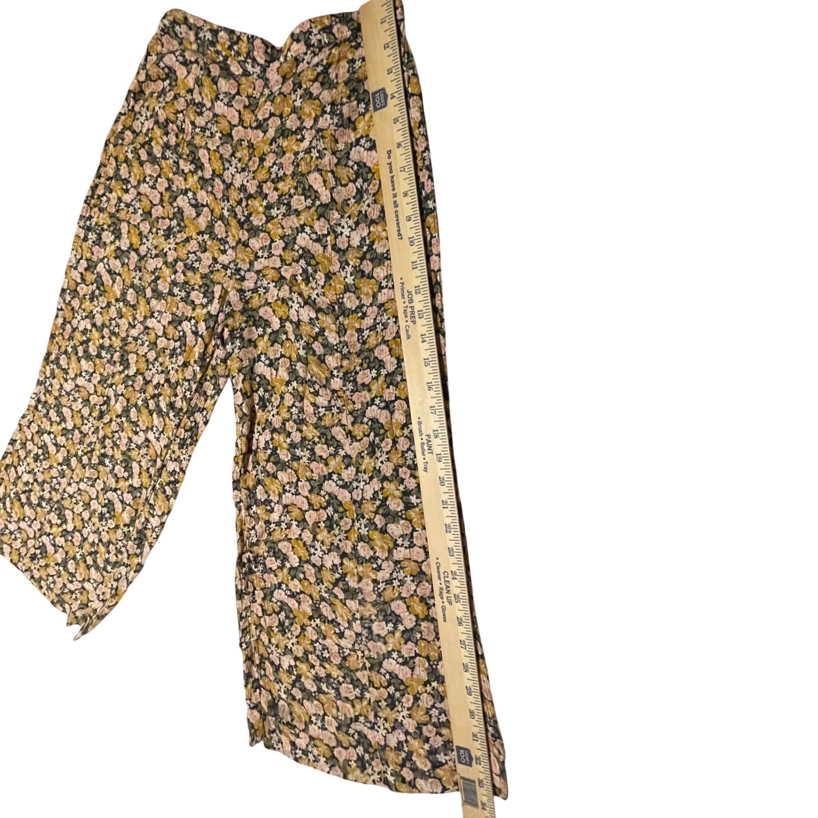 High Waisted Floral Wide Leg Crop Pants Flowy Culottes Mustard Pink Multi
