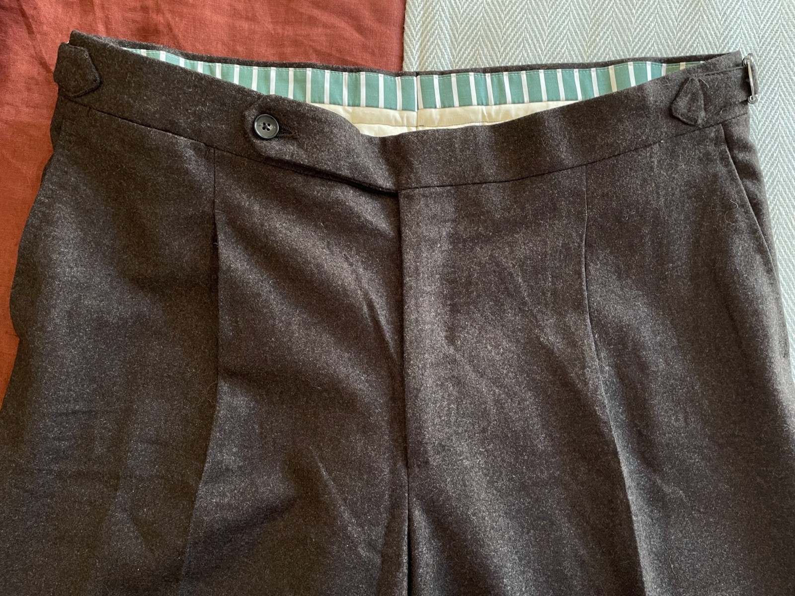 Natalino Brown Wool Flannel Pleated Trousers, Made in Italy, Size 54 (35×29)
