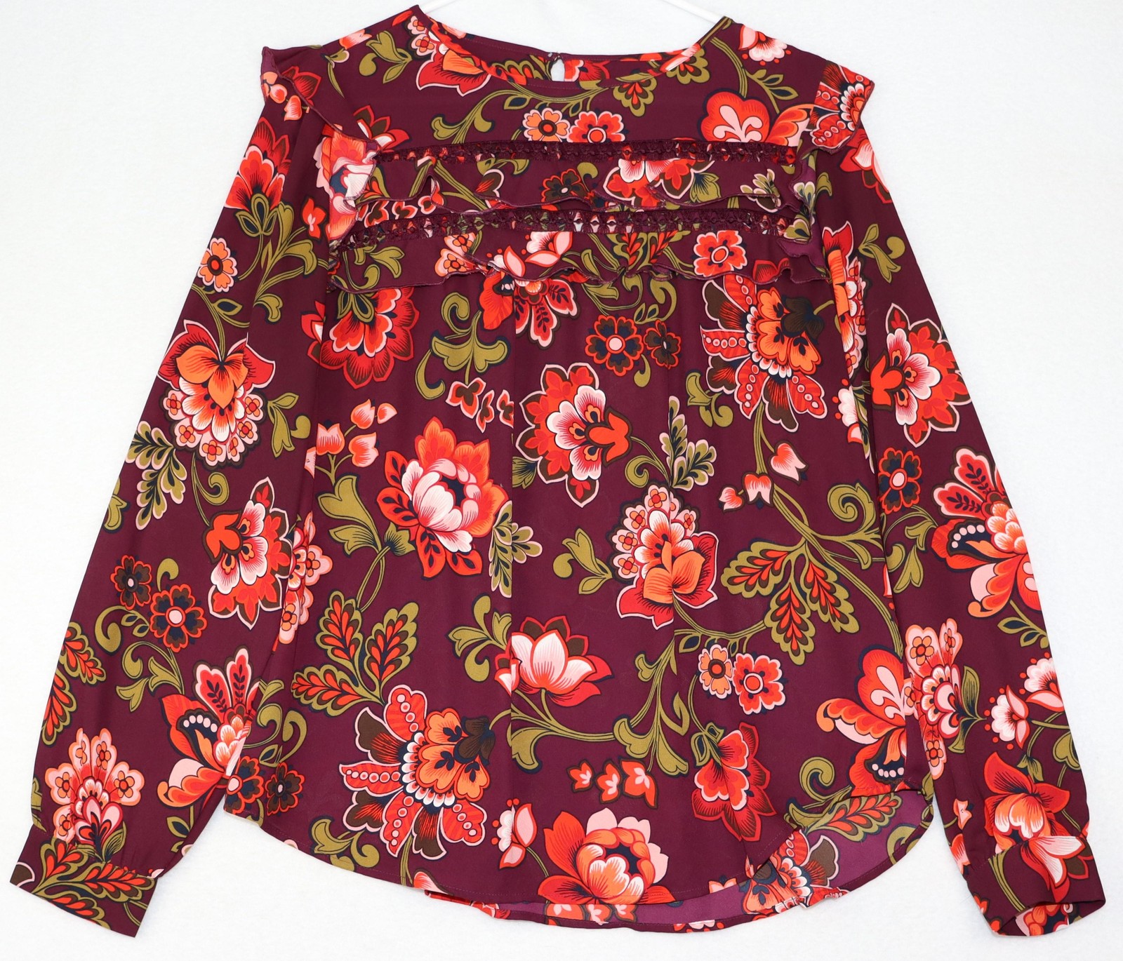Loft Shirt Womens Small Burgundy Floral Long Sleeve Boho Ruffle Blouse Peasant