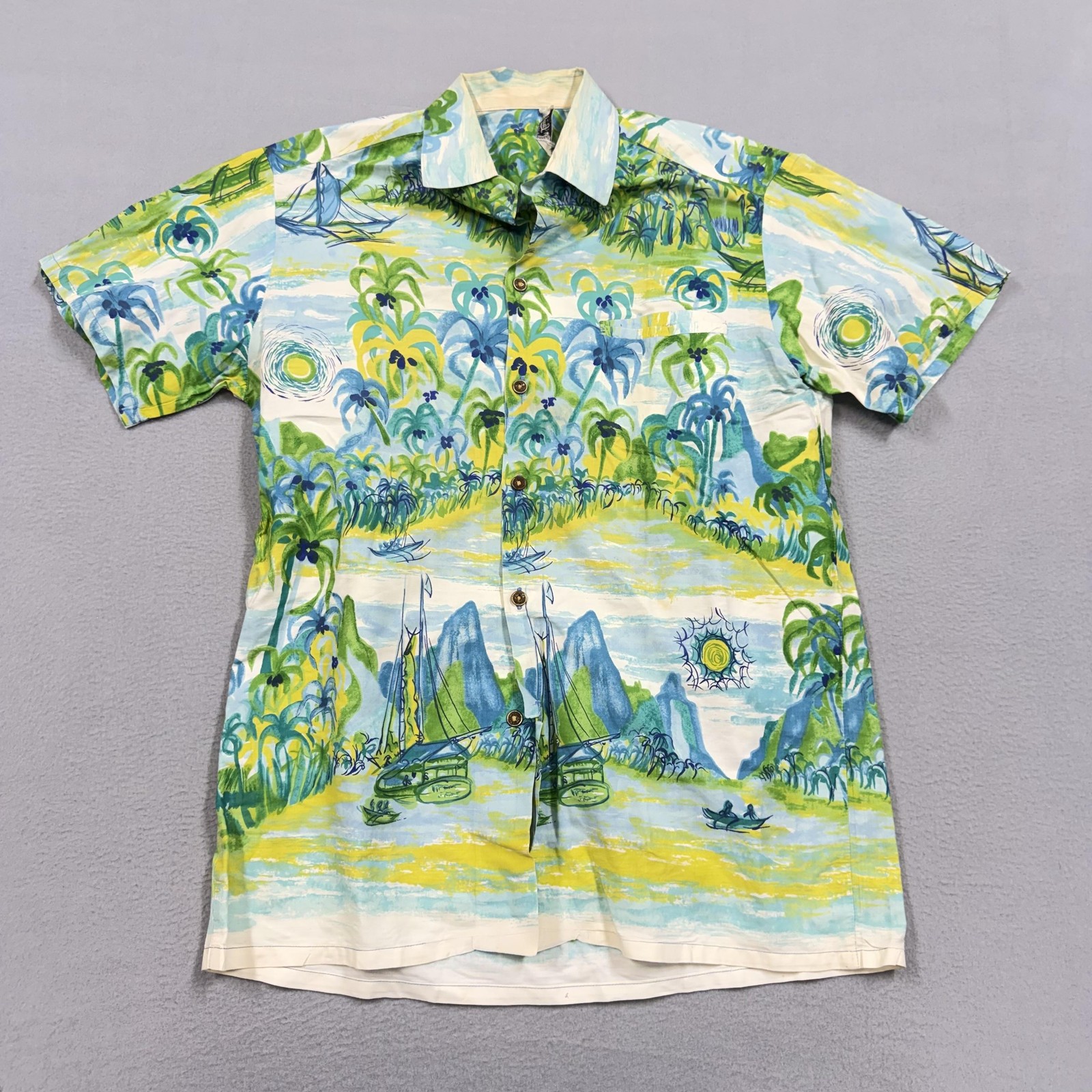Vintage Lauhala Shirt Mens Large Blue Hawaiian Scenic Button USA 60s 70s flaw