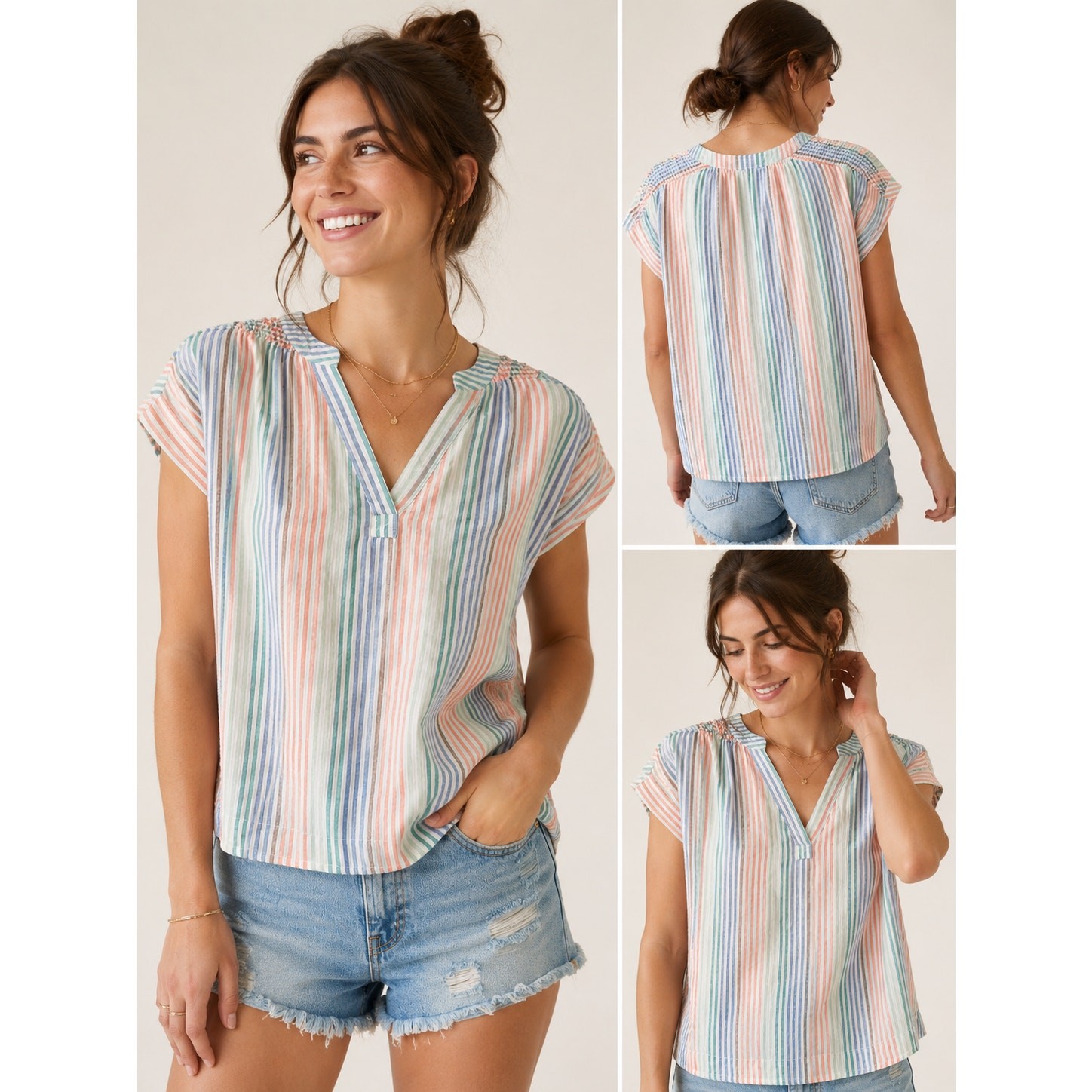 Marine Layer Allison Smocked Stripe Top Pastel Rainbow Linen Blend Small