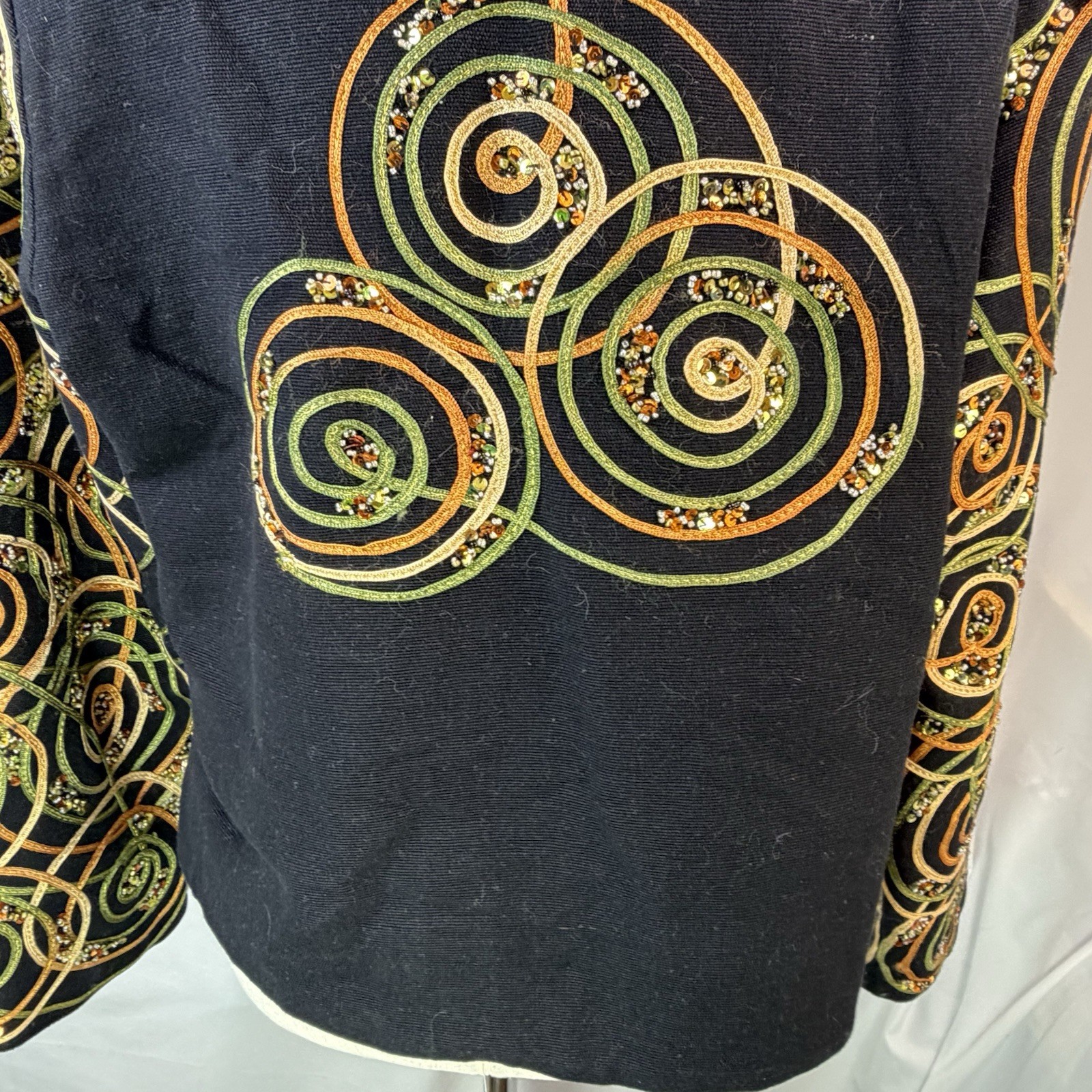 ANAGE Jacket Blazer Black Spiral Ribbons Gold Tones Beaded Artsy XL Unique