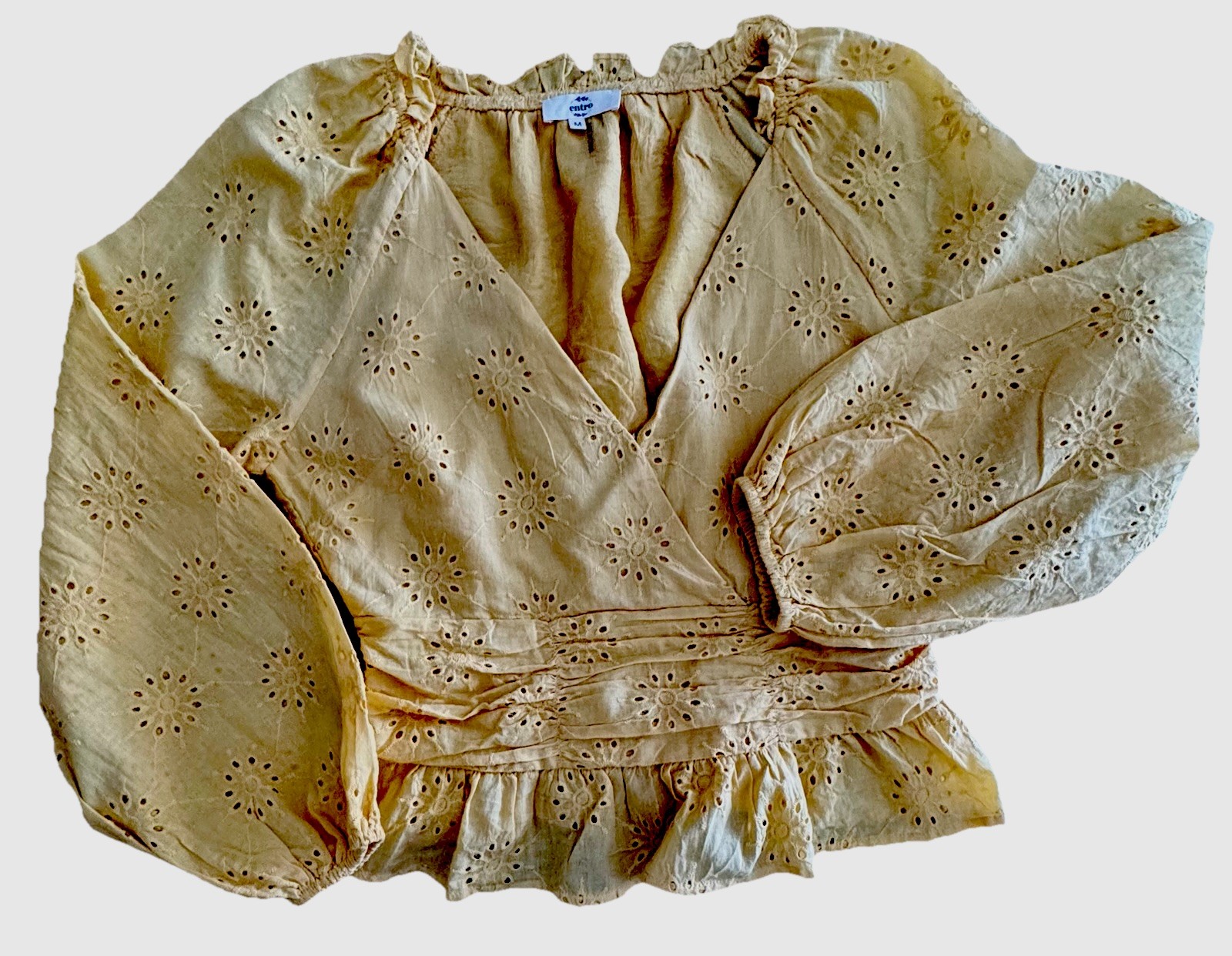 Entro BOHO Yellow Eyelet Crop Top V-Neck Puff Sleeves Lightweight Cottagecore(M)