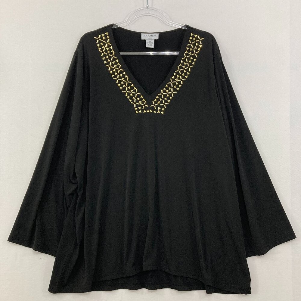 Carmen Marc Valvo size 3X Black Golden Studded V Neck Stretch Knit Blouse