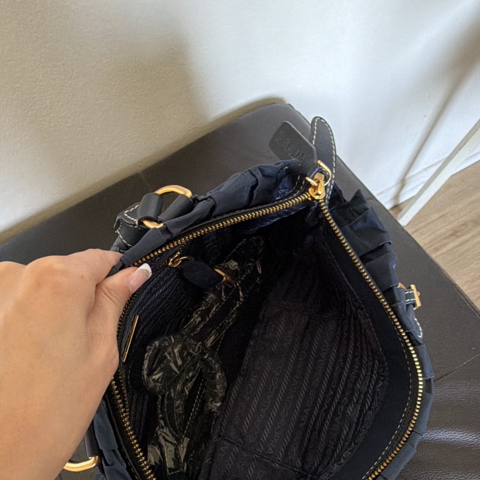 PRADA Blue Quilted Top Handle Bag, Braided Handles, Gold Zip, Auth Card