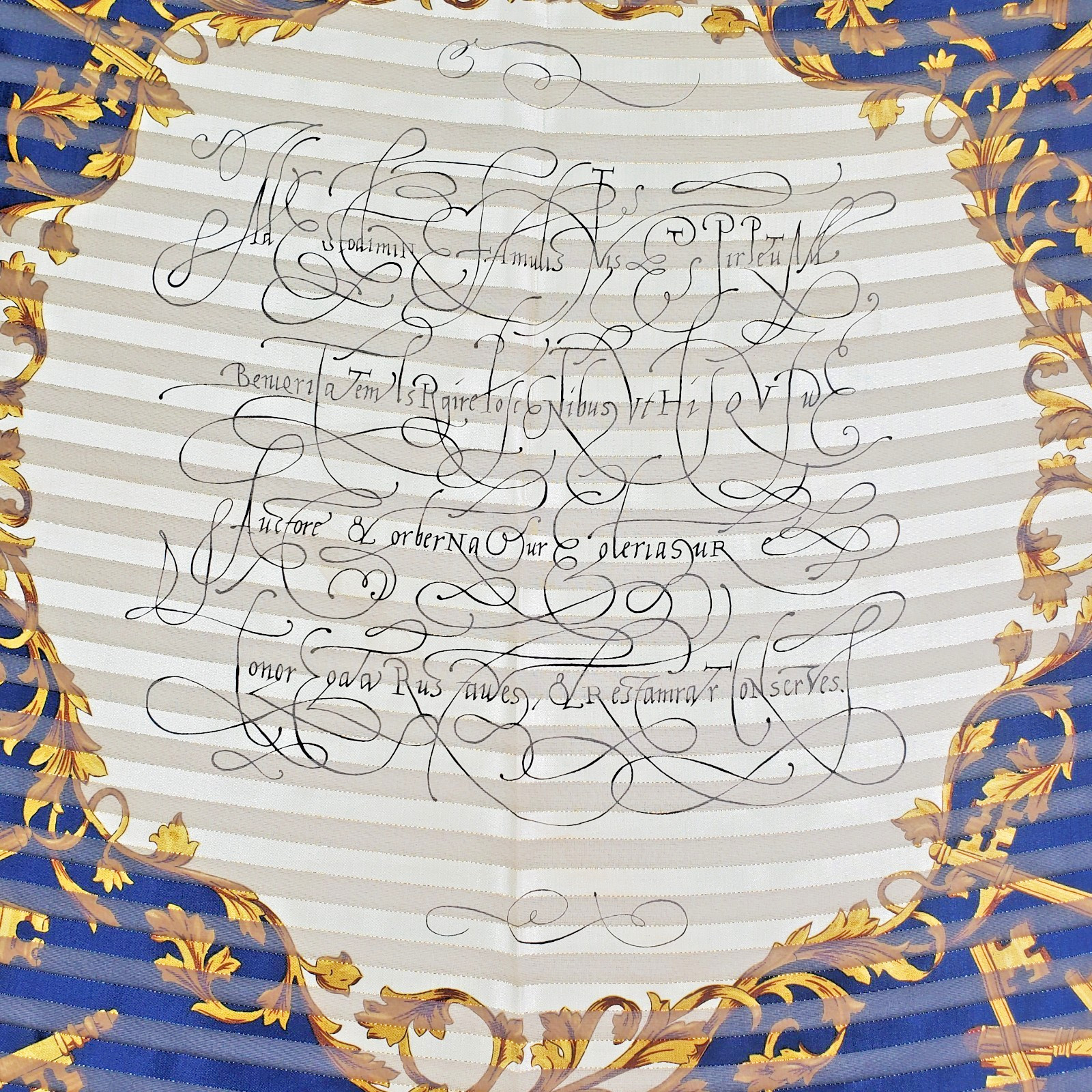 VTG Manuscript Scarf 35in Square Blue Shadow Stripe Faux Latin Gold Metallic Key