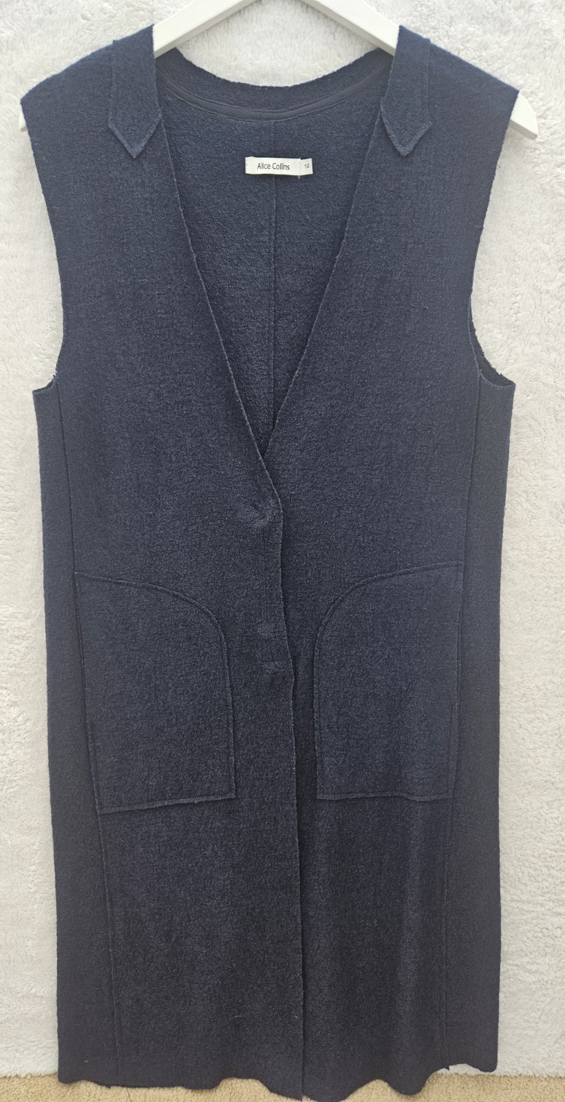 Alice Collins Women’s Navy Wool Viscose Long Waistcoat Pockets Size 14