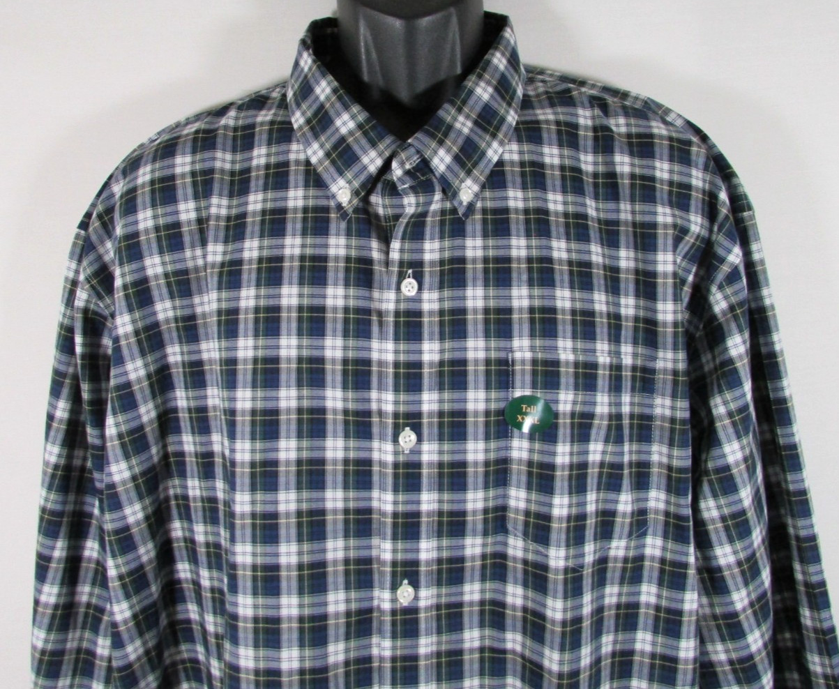 LL Bean Shirt Long Sleeve Men’s 3XLT Tall Blue Green White Plaid Pattern NWOT