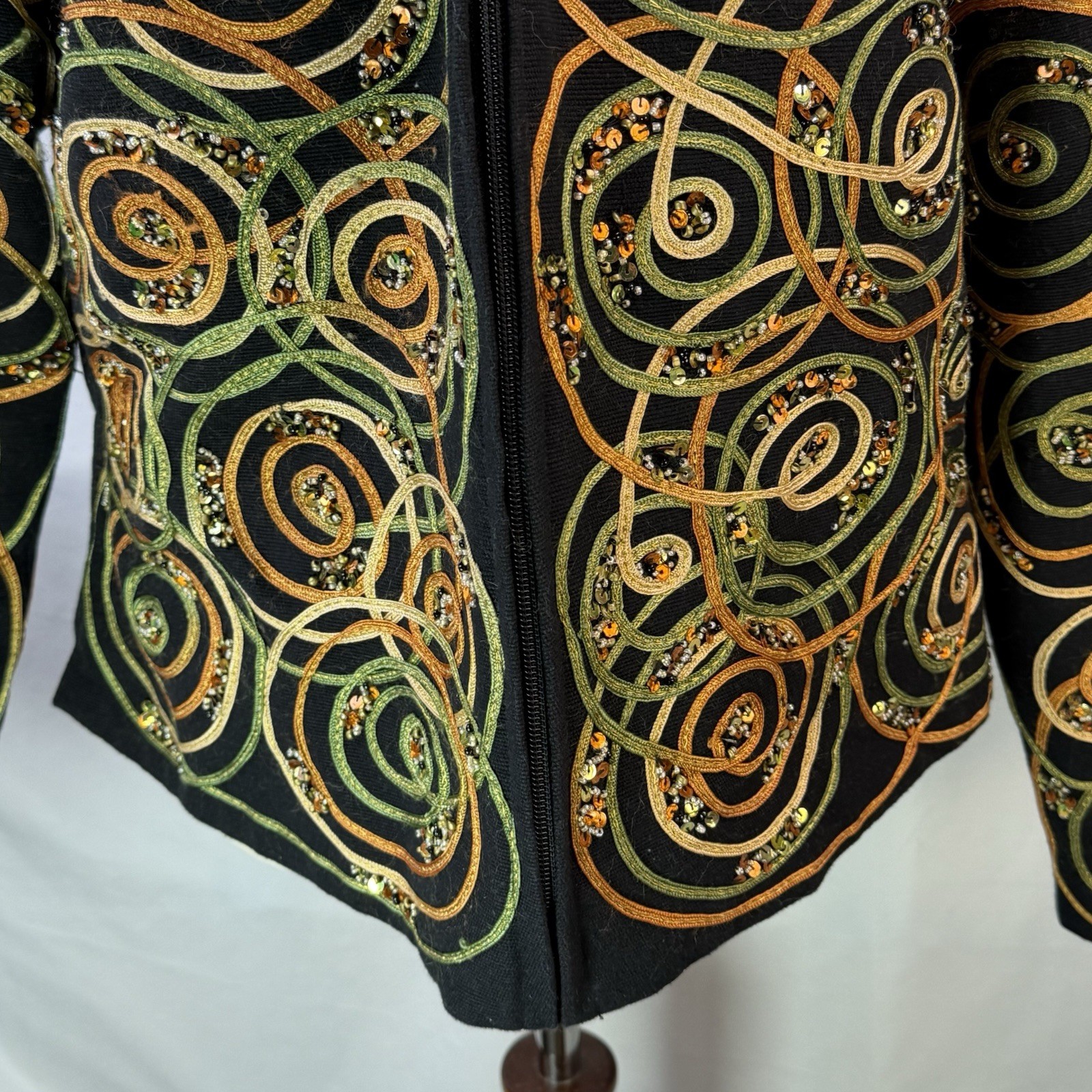 ANAGE Jacket Blazer Black Spiral Ribbons Gold Tones Beaded Artsy XL Unique