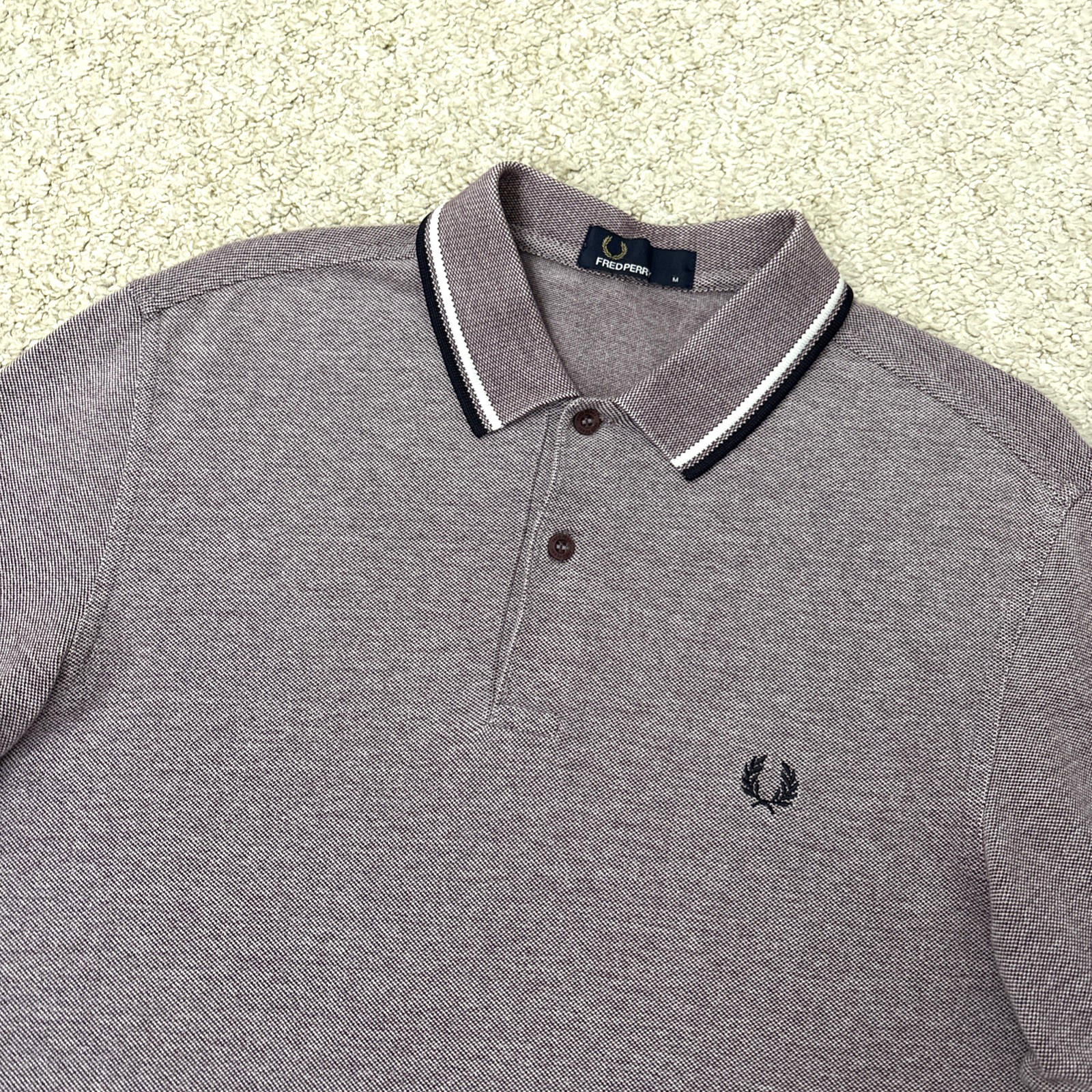 Fred Perry M3600 Mens Medium Twin Tipped Polo Shirt Burgundy Navy Short Sleeve