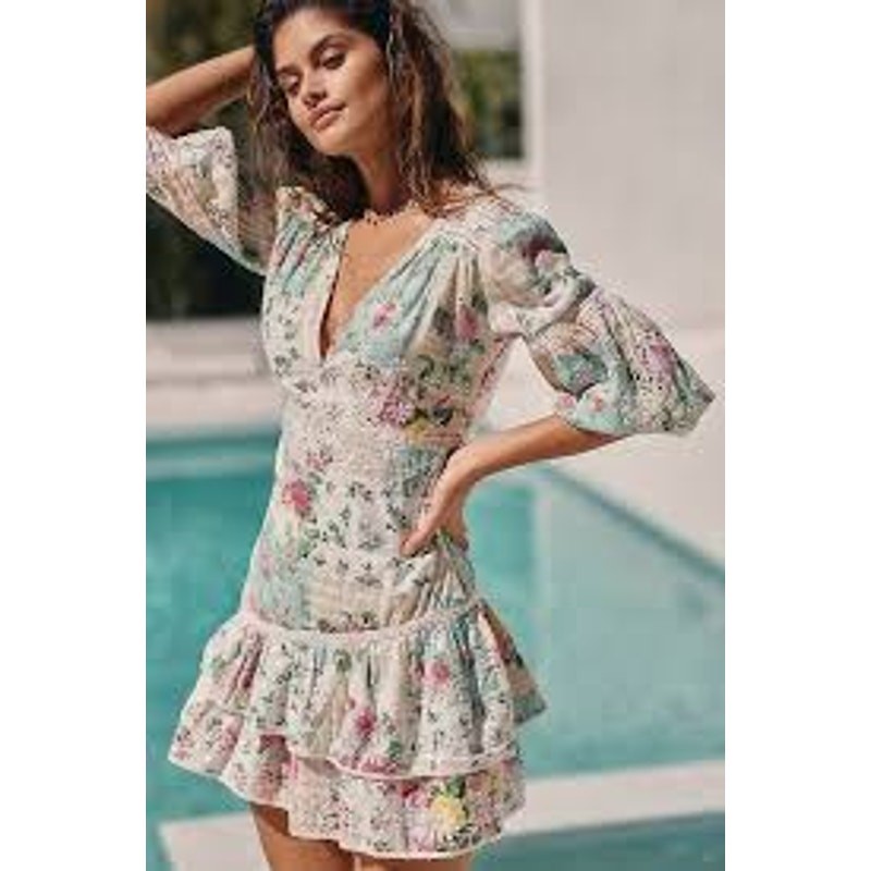Barok Large Mini Dress Green White Cotton Ruffled Embroidered Balloon Sleeves