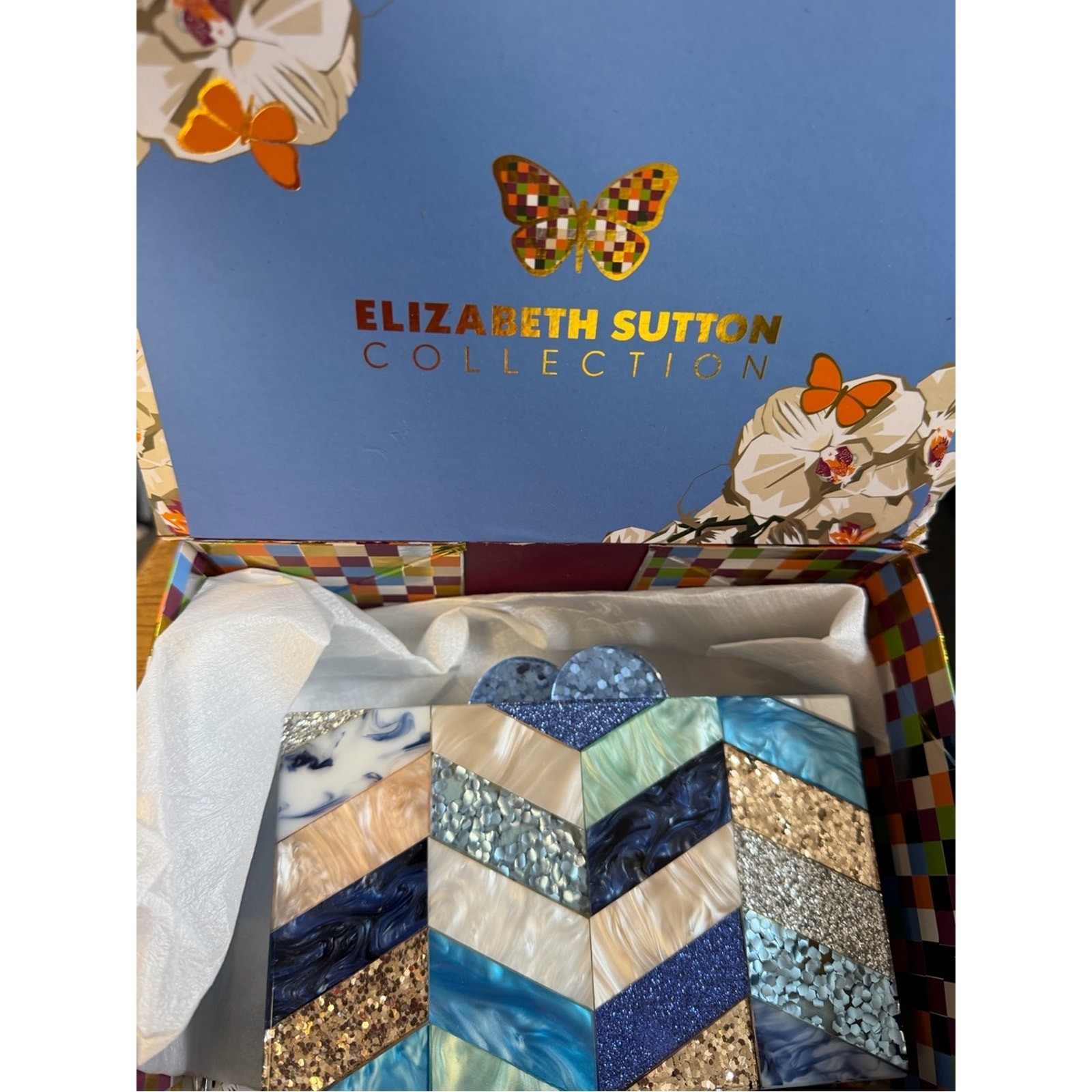 Elizabeth Sutton Blue Multi Chevron Mosaic Clutch