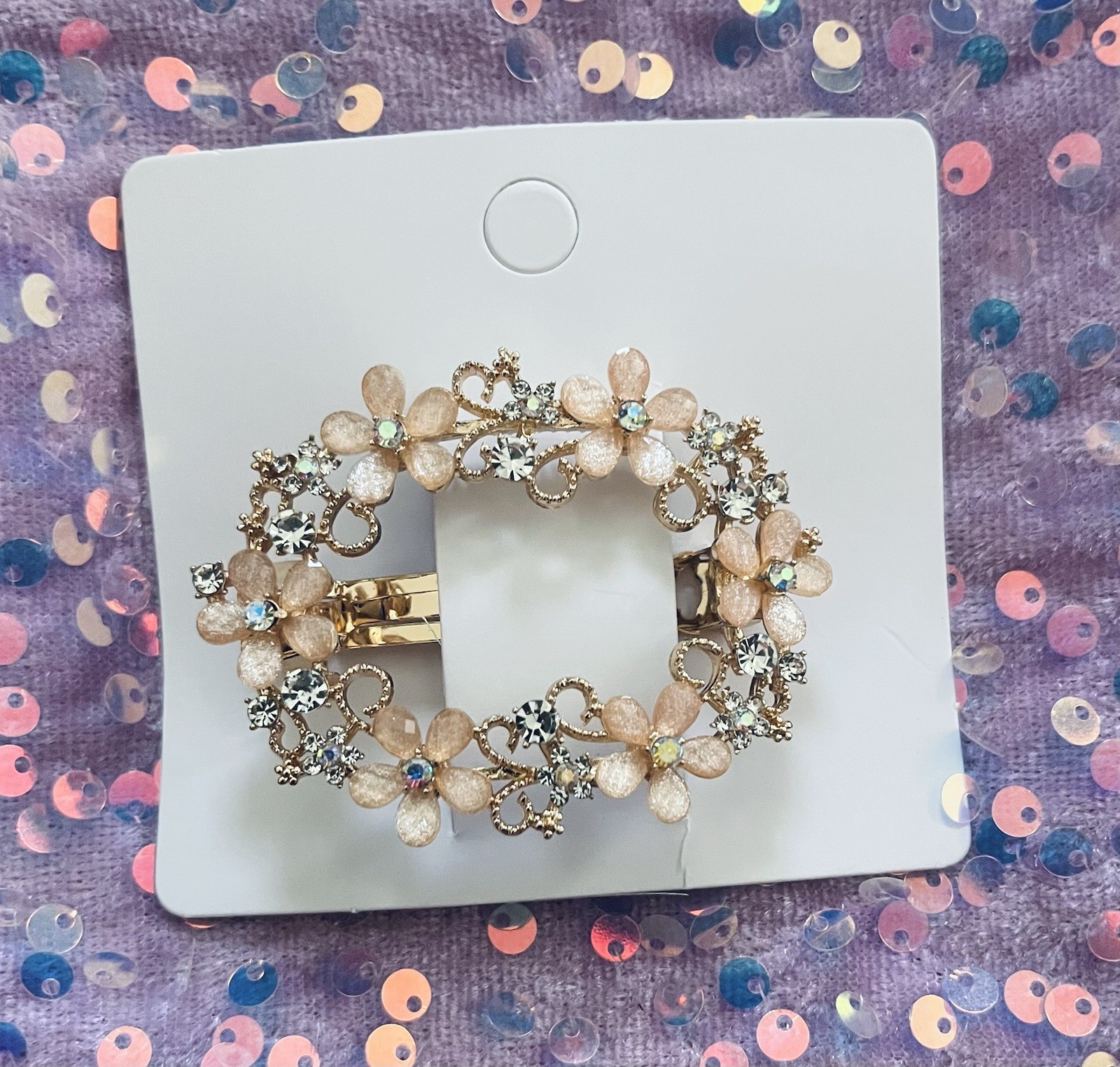 Oval Flower Hair Clip Rhinestone Crystal 2PK Color:Champagne & Color:Grey Blck
