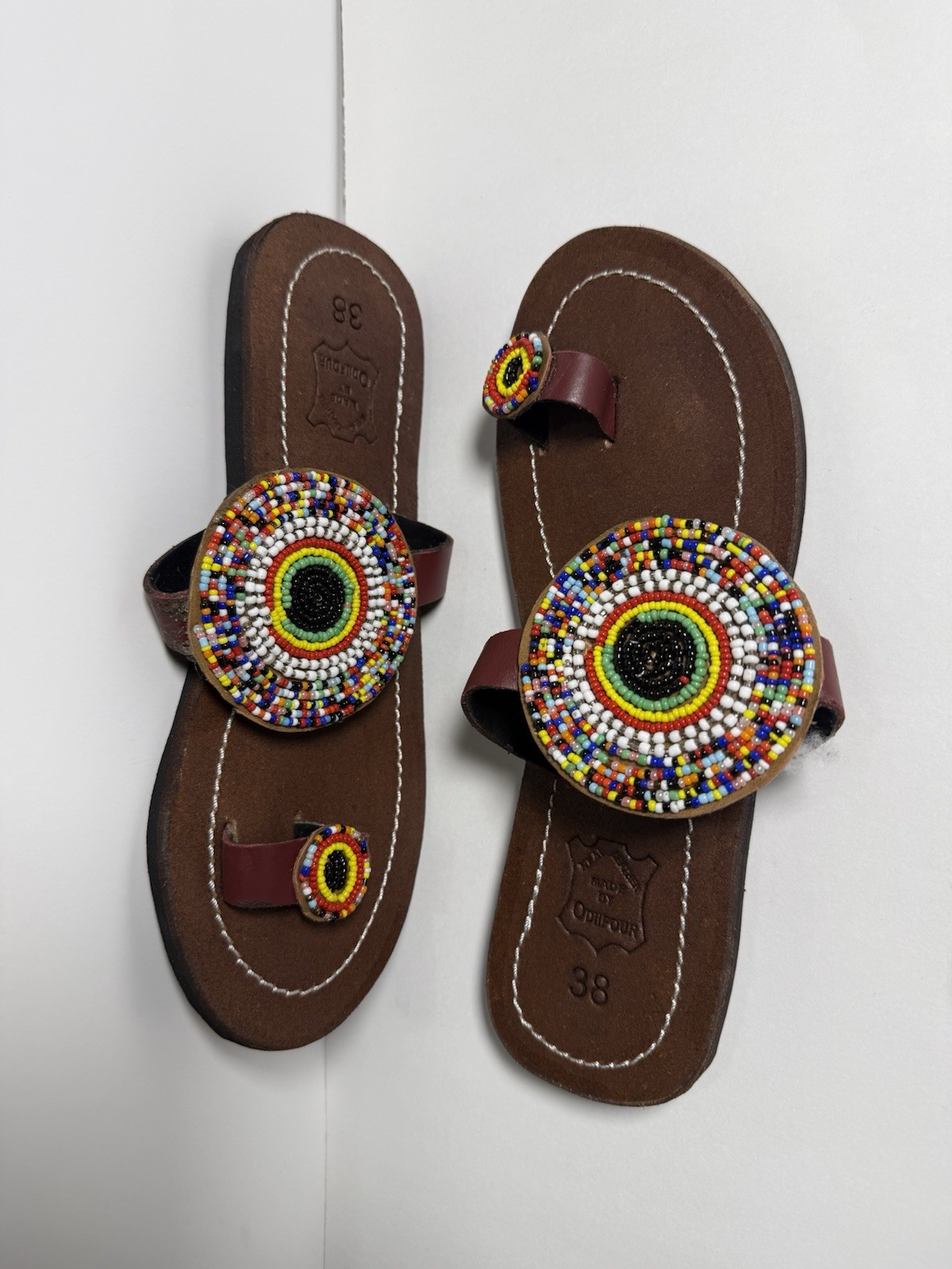 Women’s Brown/Multicolor Handmade Beaded African Thong Leather SlipOn Flat EU 38