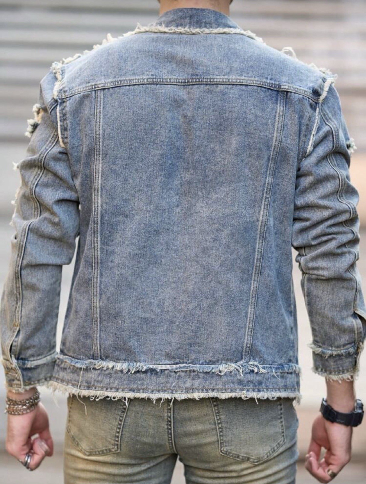 Men’s Washed Denim Jacket Frayed Patchwork Button Up Casual Streetwear Top