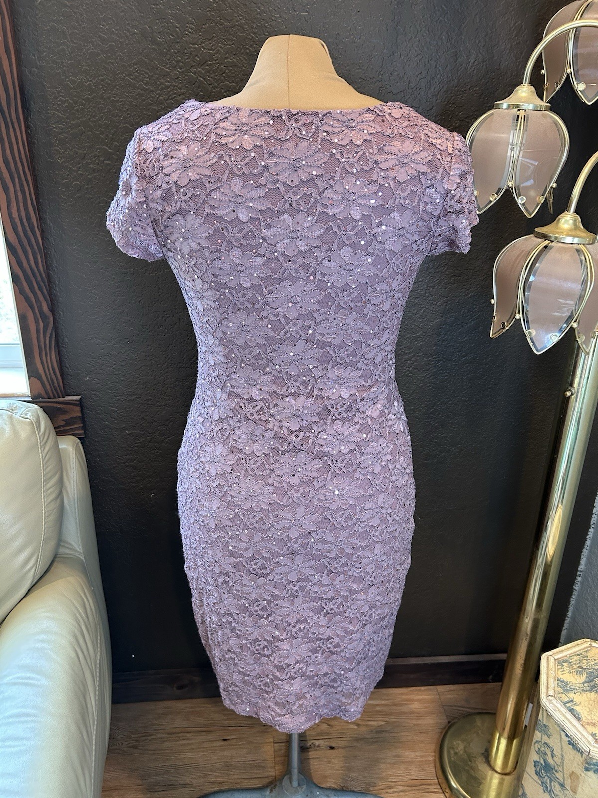 connected apparel Lavender Lace Notch-Neck Midi Dress Size 6