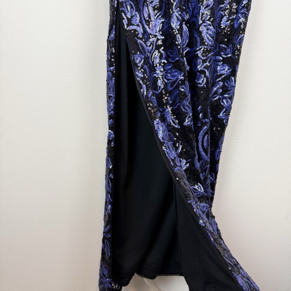 Adrianna Papell Sequin Embroidered Formal Gown In Black Blue Feather Sleeve Sz 2