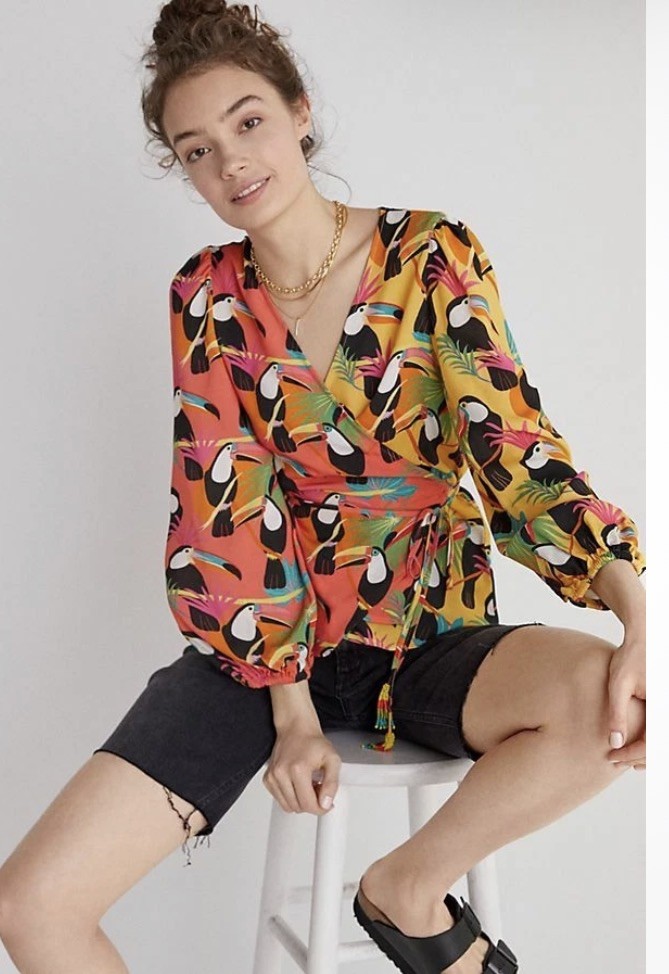 Anthropologie Farm Rio Rainforest Toucan Bird Wrap Blouse Top Tassel M