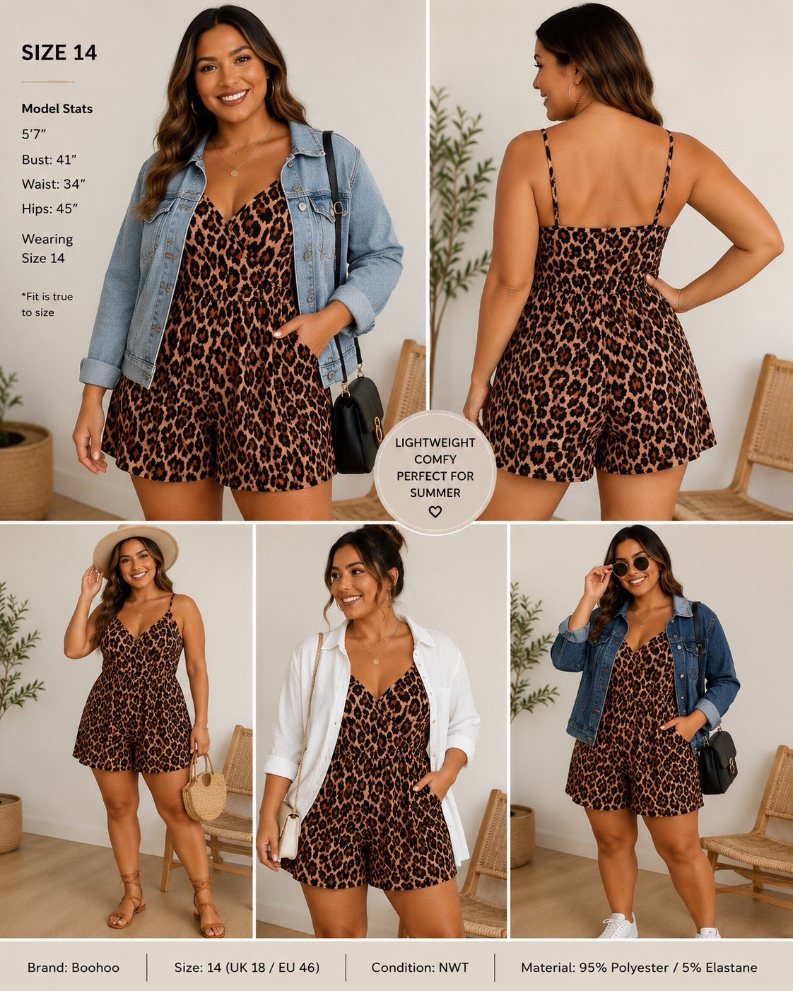 NWT Boohoo Leopard Print Romper Womens 14 Tan Black Stretch Summer Playsuit