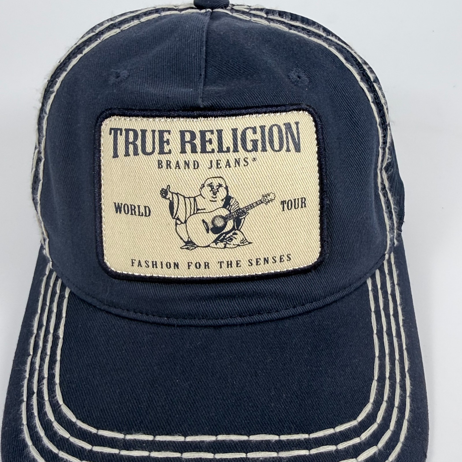 True Religion World Tour Trucker Hat Navy Blue Snapback Cap Contrast Stitch Logo