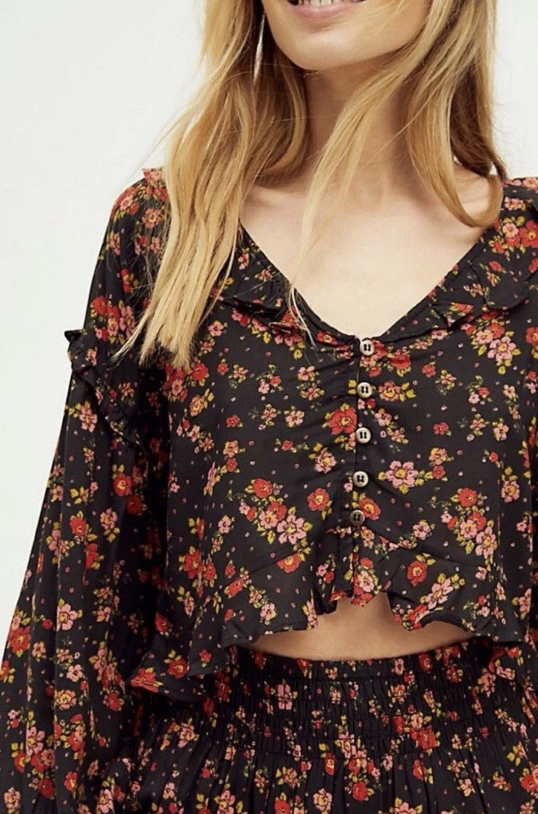 Free People Womans Secret Garden Cropped Ruffle Blouse Top Black Red Floral Sz S