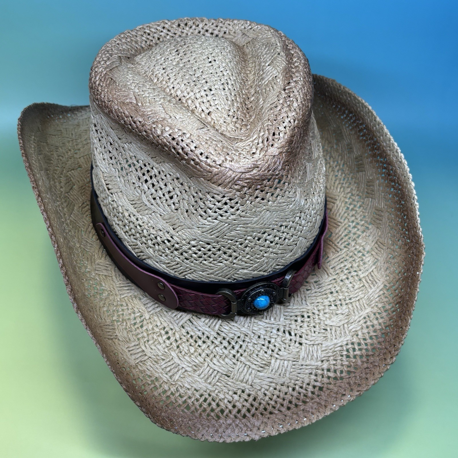 Cowboy Hat Tea-Stained Straw Western, Shapable Brim, 22in/56cm circ, blue
