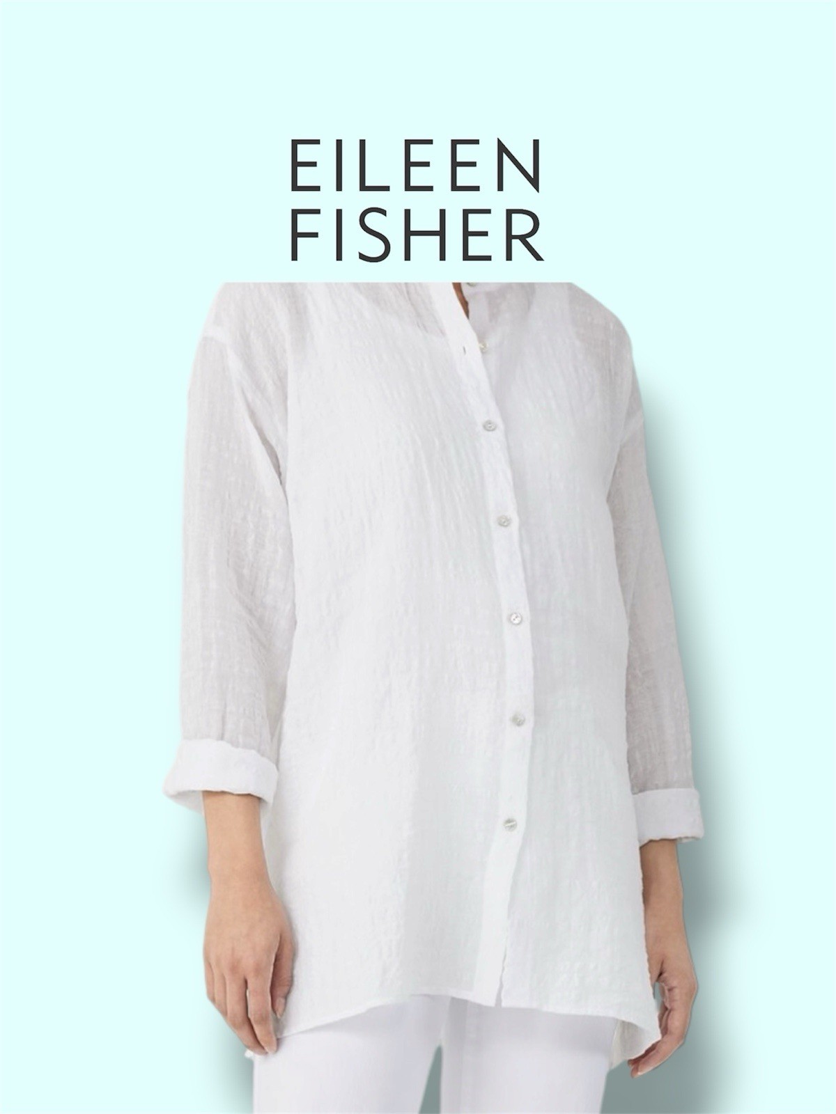 Eileen Fisher White Solid 100% Organic Linen Woven Button Front Blouse L/G