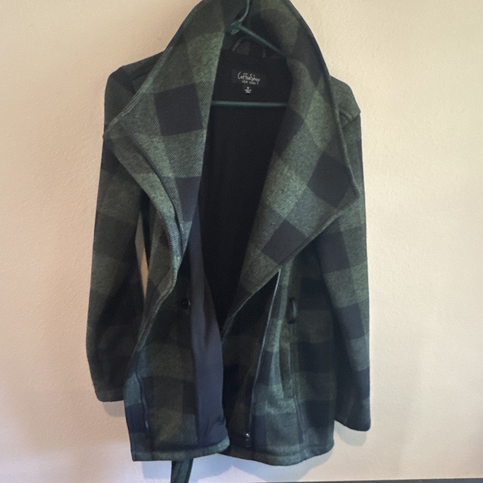 Café Solo Men’s Plaid Pea Coat Green/Black XL 48″ Chest Pockets Notch