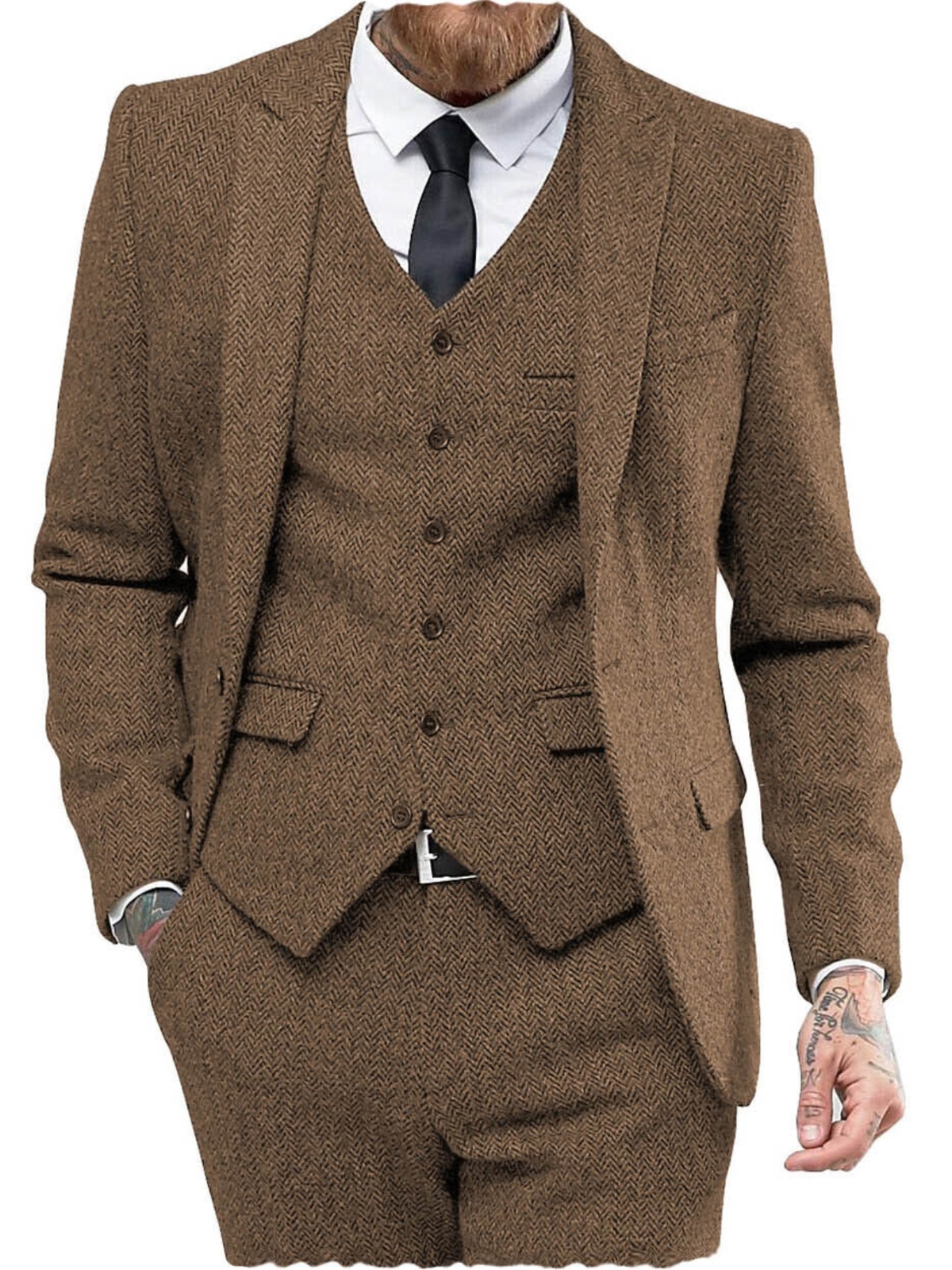Mens 3Pcs Tweed Suit Vintage Tweed Wool Blend Herringbone Dress Blazer+vest+Pant