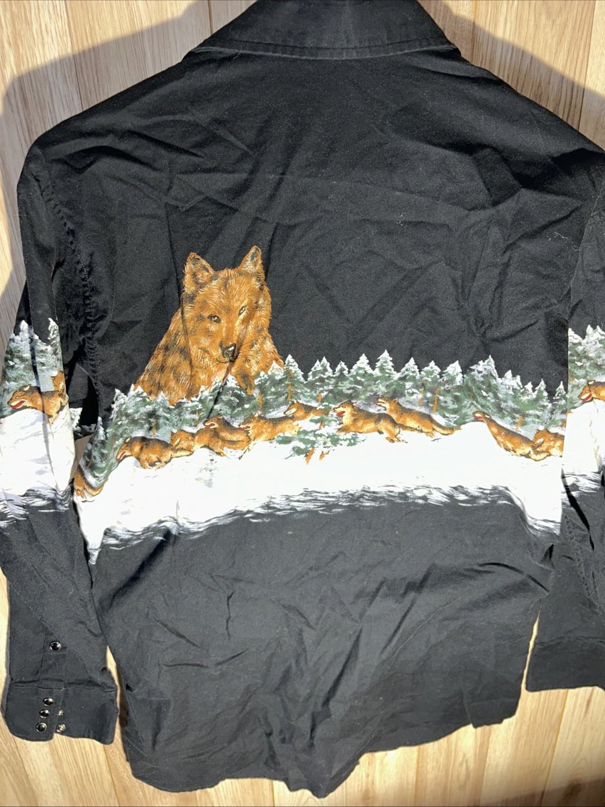 Vintage Panhandle Slim Men’s Large Wolves Print Snow Pearl Snap Western