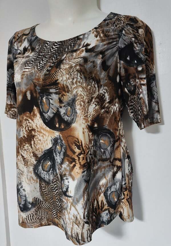 Women’s Sz P XL New Directions Petite Dressy Pullover Top Brown Gray Peacock Fea