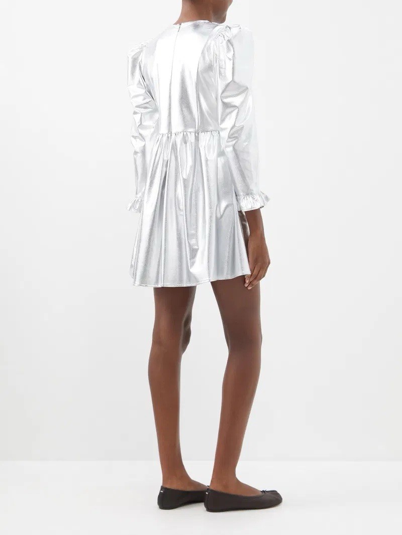 BATSHEVA Silver PVC Prairie Square Neck Ruffle Cocktail Party Mini Dress New 6