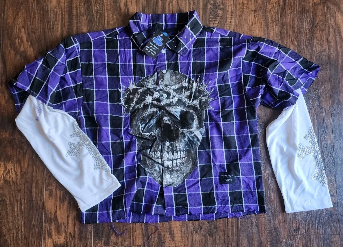 Streetwear Flannel Shirt Rhinestone Skull Long Sleeve Plaid Button Up Purple L