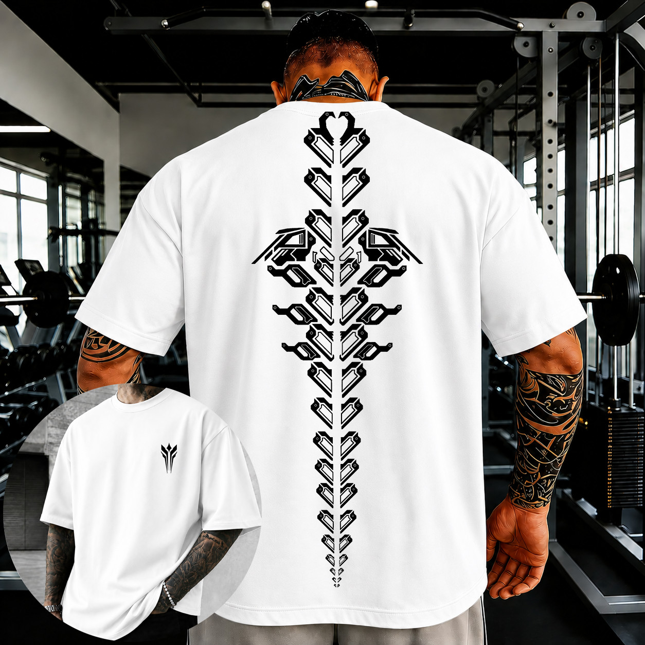 Oversized Gym T-Shirt Cyber Spine Graphic Print Heavy Cotton Summer Streetwear