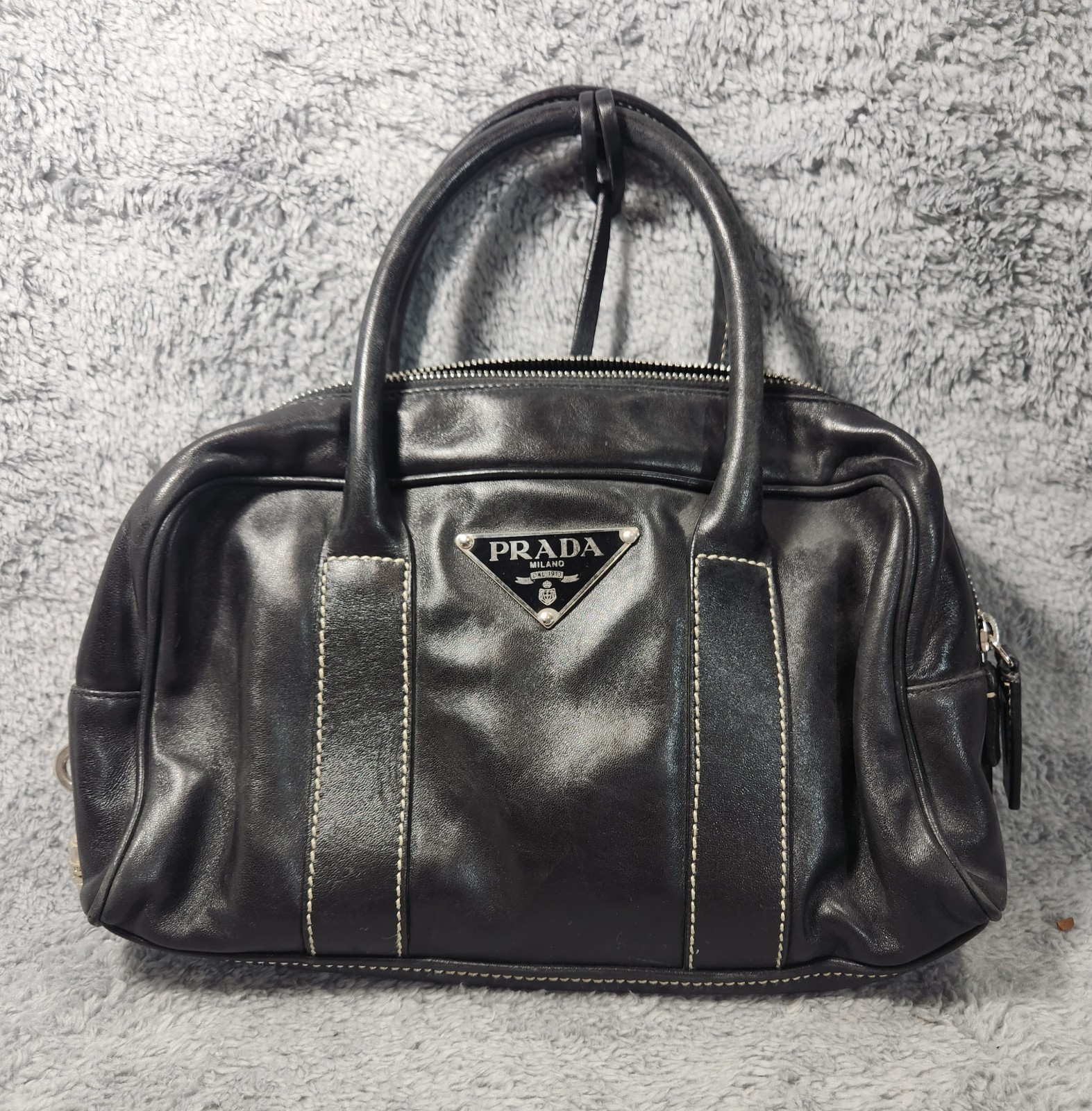 Authentic Prada Black Leather Top Handle Satchel Bag Purse Italy