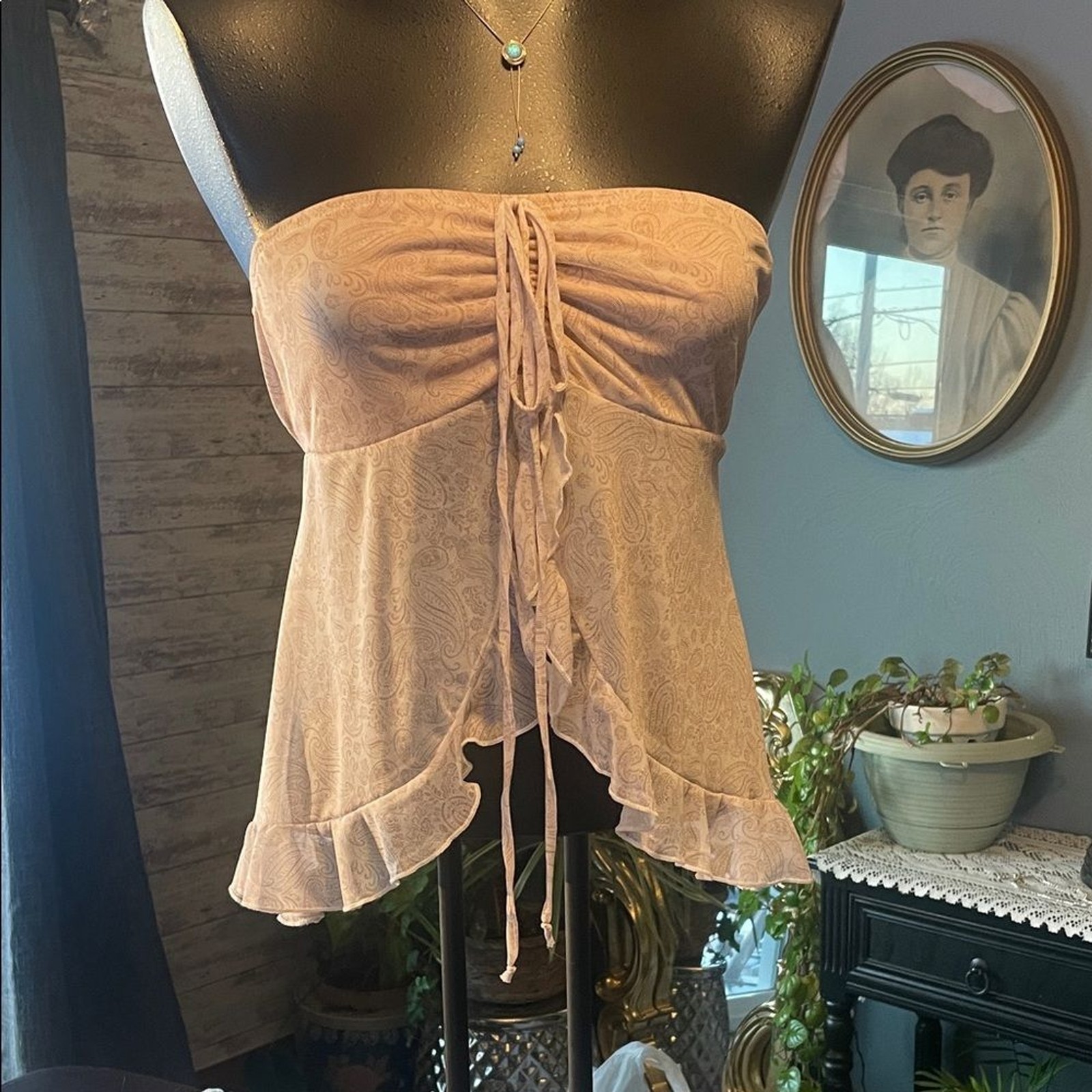 See You Monday Strapless Beige Crop Top, sheer
