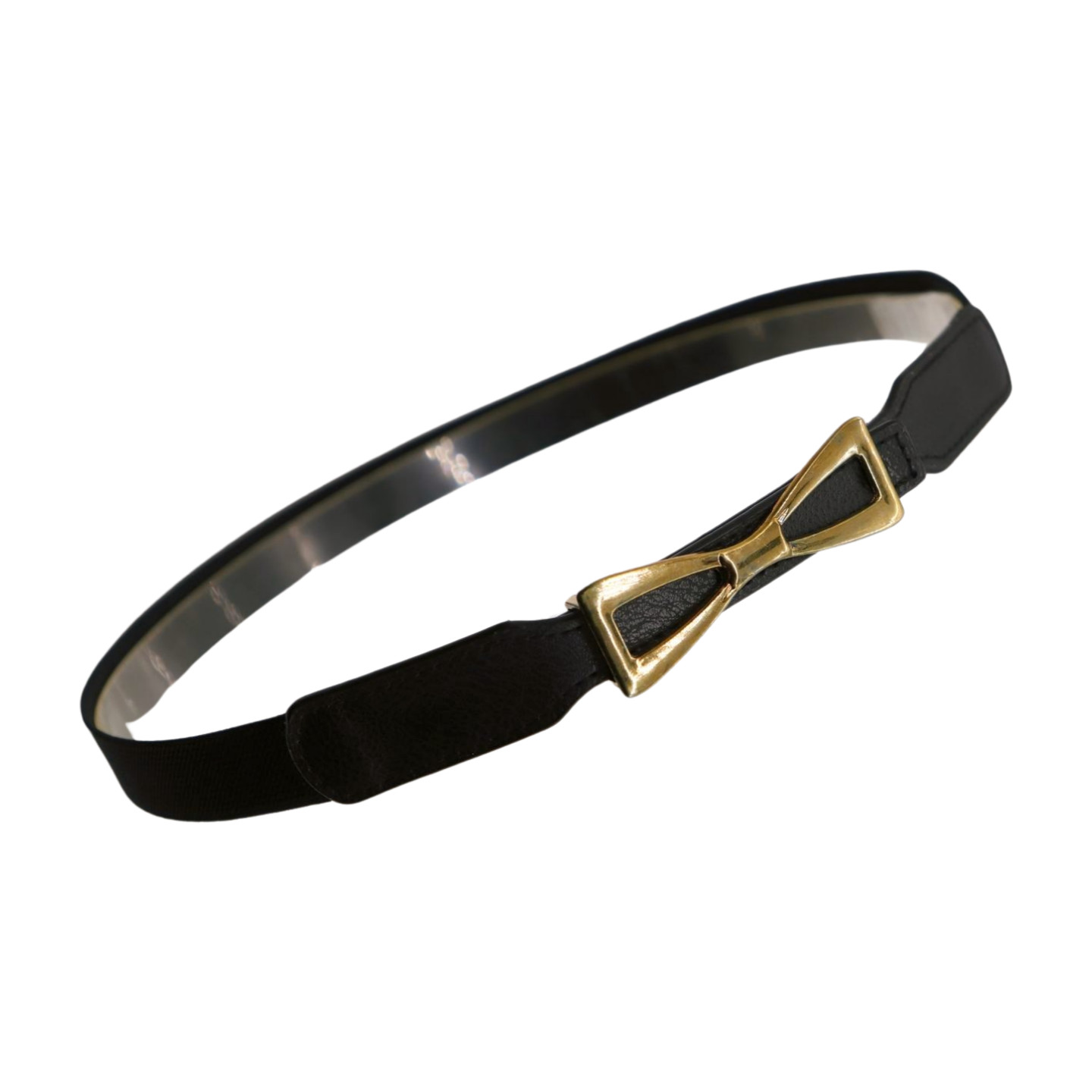 Women Black Elastic Strap Narrow Belt Rusty Gold Metal Bow Tie Ribbon Buckle S M