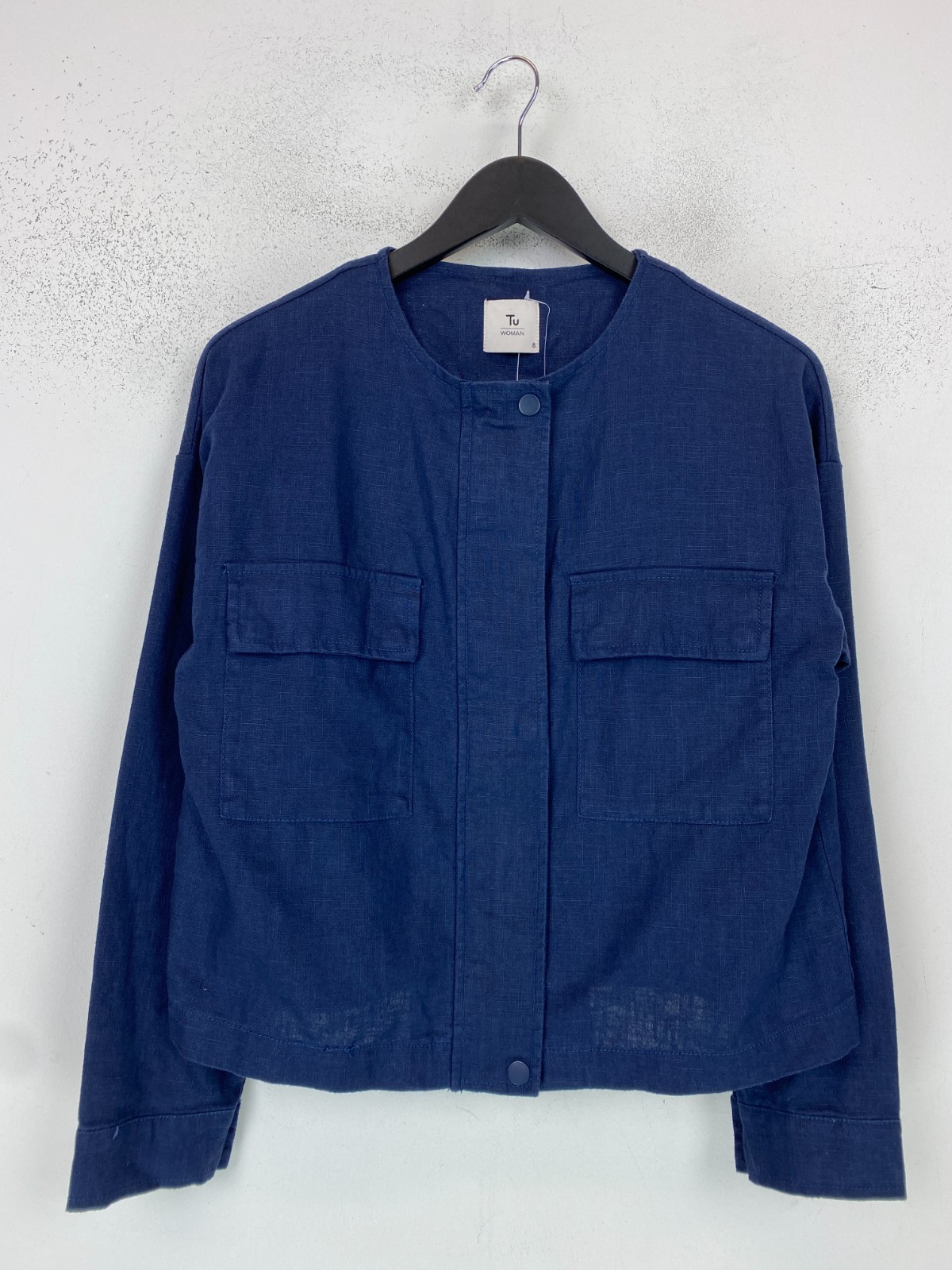 Tu Blue Plain Jacket Collarless Utility Zip Snap Button Pockets UK 8 NEW