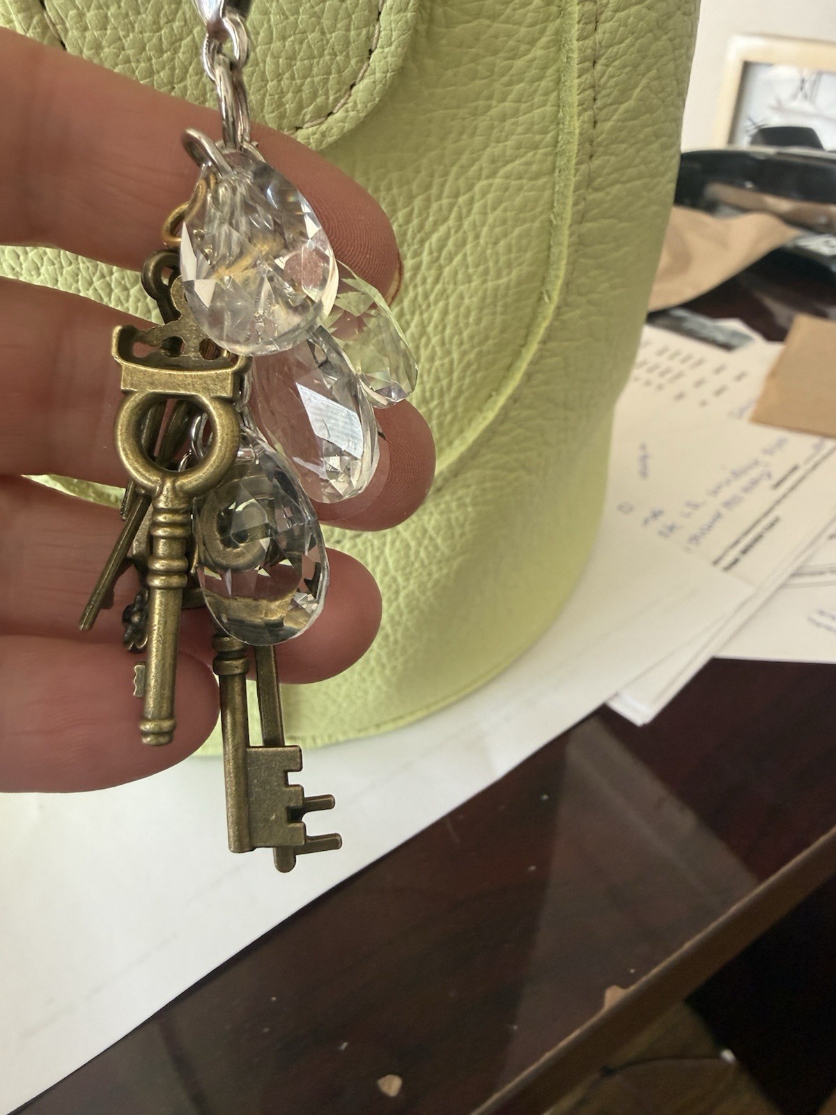 Gold Tone Key Charm Key Chain w/ Clear Crystal Drops, Lobster Clasp