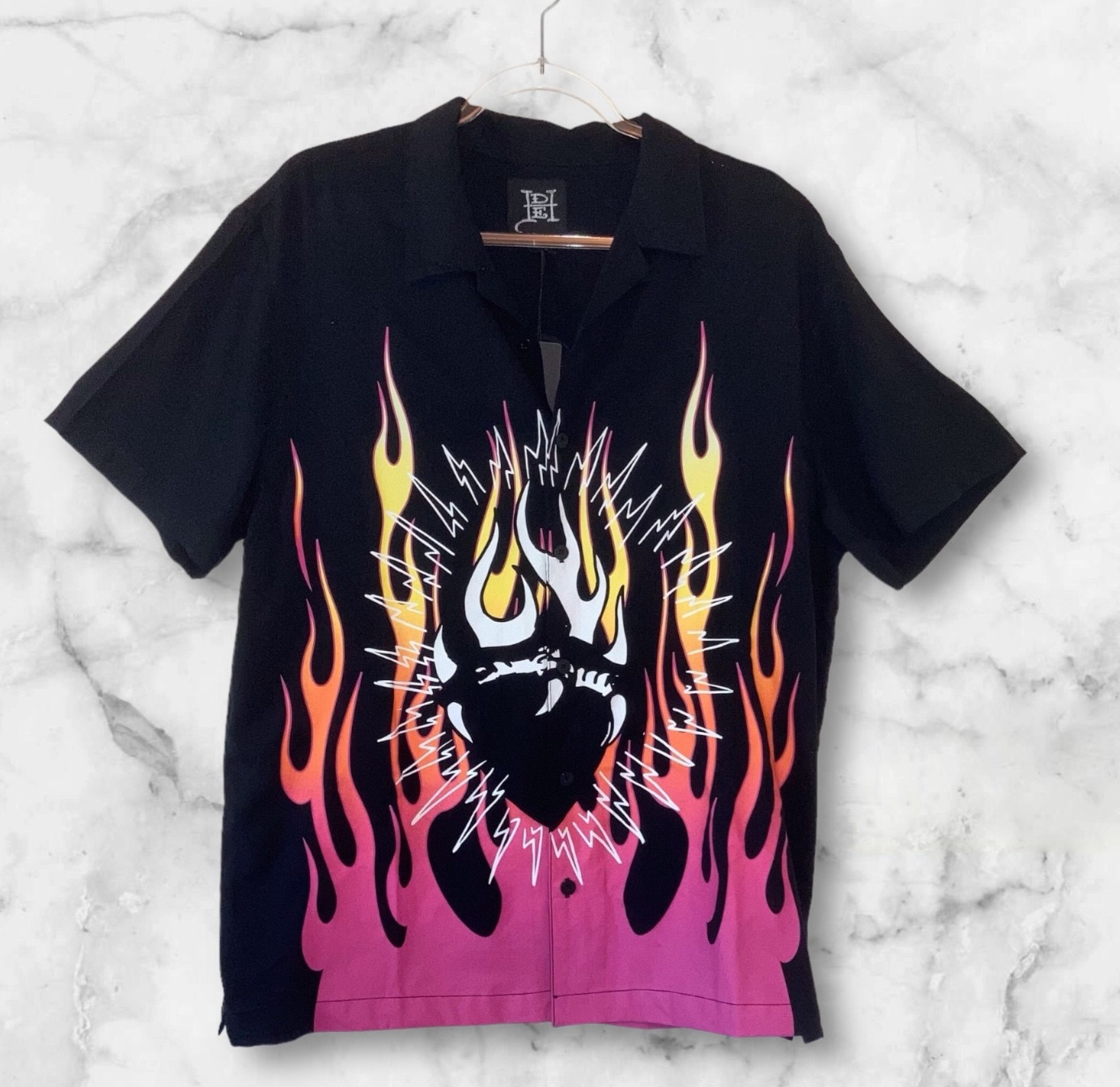Ed Hardy Shirt Mens Large Full Button Black With Flame Graphics NWT Size L