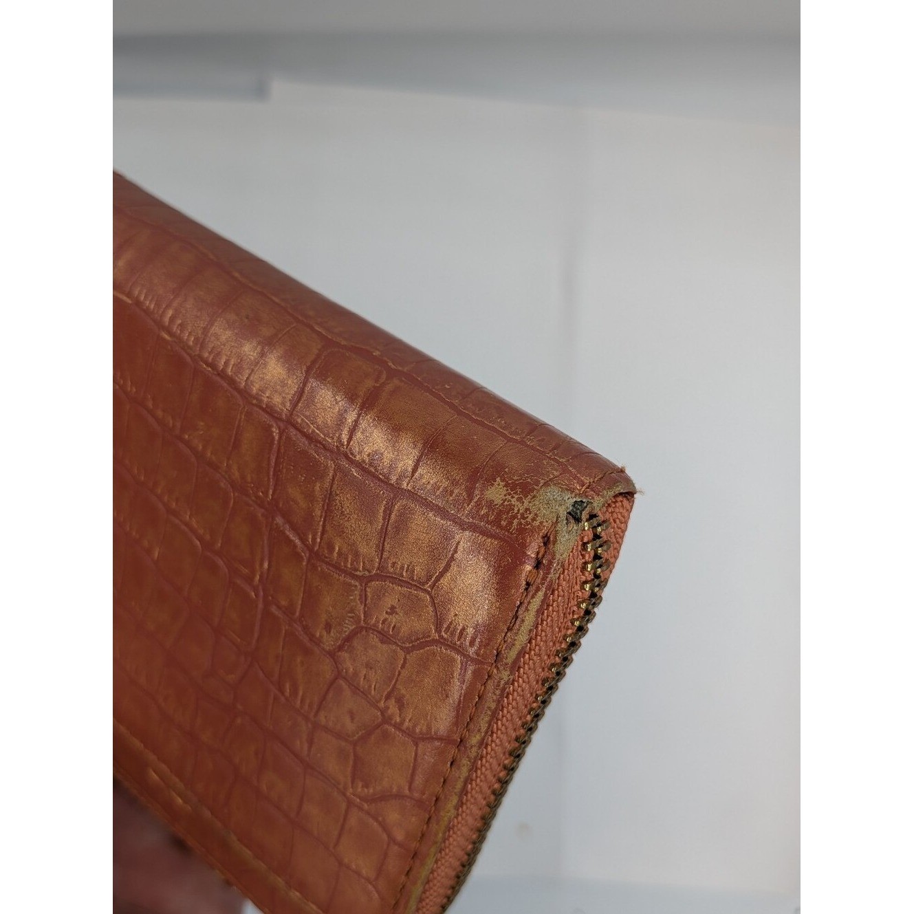 Lanvin Collection Wallet Dark Coral Crocodile Embossed Zip Around Long Accordion