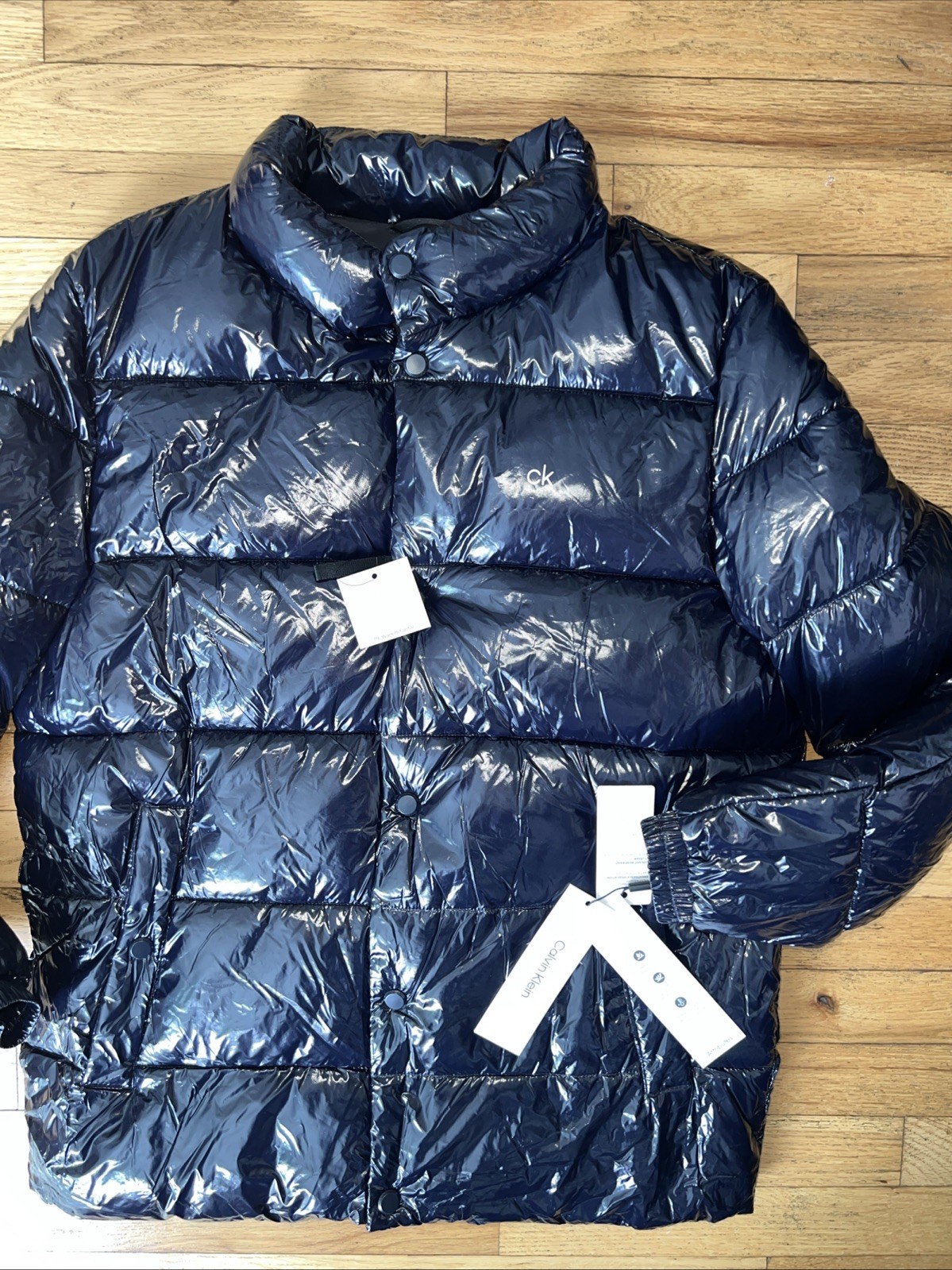 $225 NWT CALVIN KLEIN MENS SNAP FRONT PUFFER JACKET COAT NAVY SHINY LARGE
